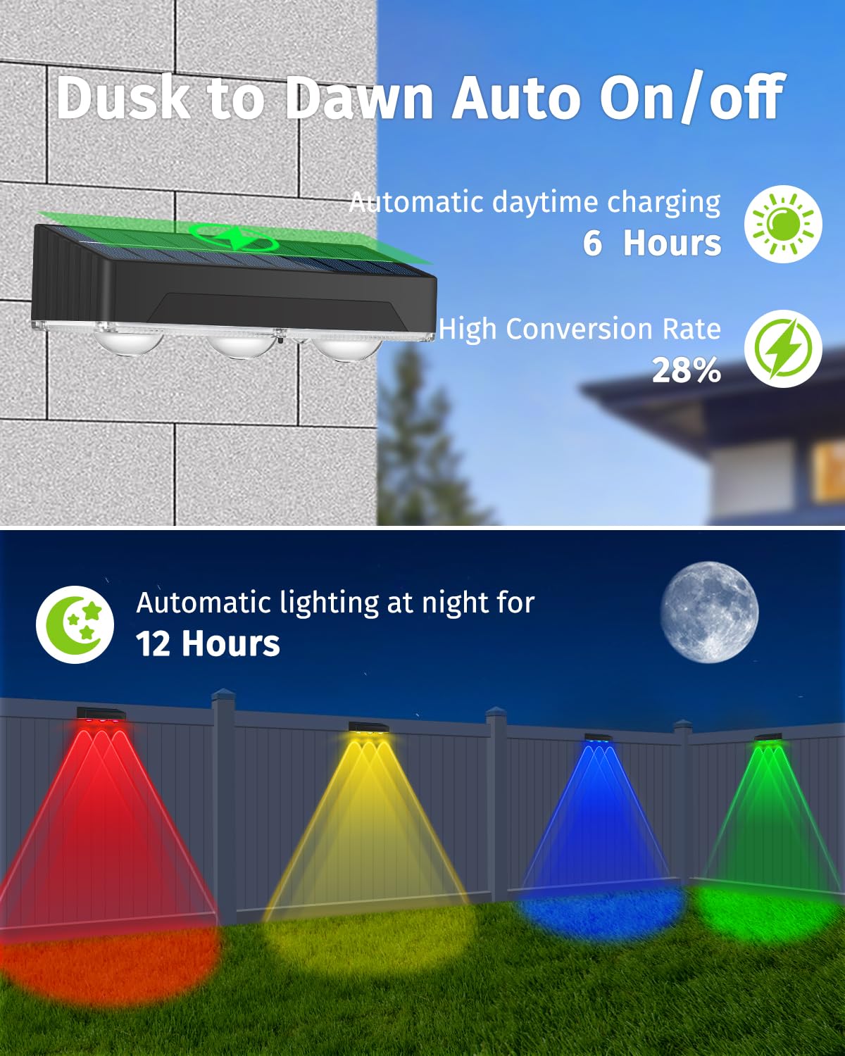 Solar Fence Lights Outdoor 12 Pack Upgraded High Brightness 3 Led Spot Lens Waterproof Deck Lights 7 Mode Warm&Cool White Rgb Solar Powered Wall Lighting Decor For Outside Patio Step Backyard Railing
