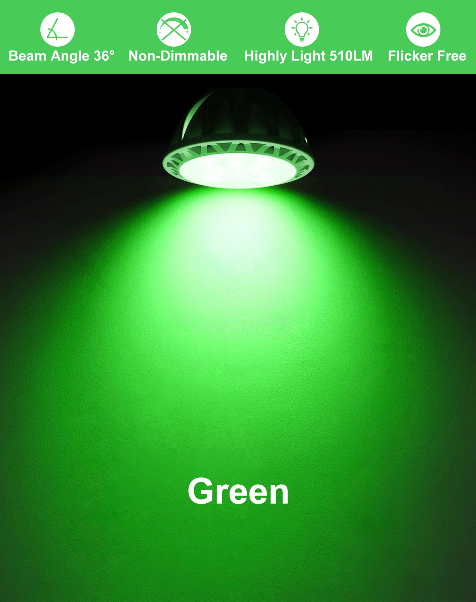 GOHDLAMP 6-Pack MR16 Green LED Bulbs, 5W 50W Halogen GU5.3 Base, 12V, 38° Beam for Garden & Eco Lighting