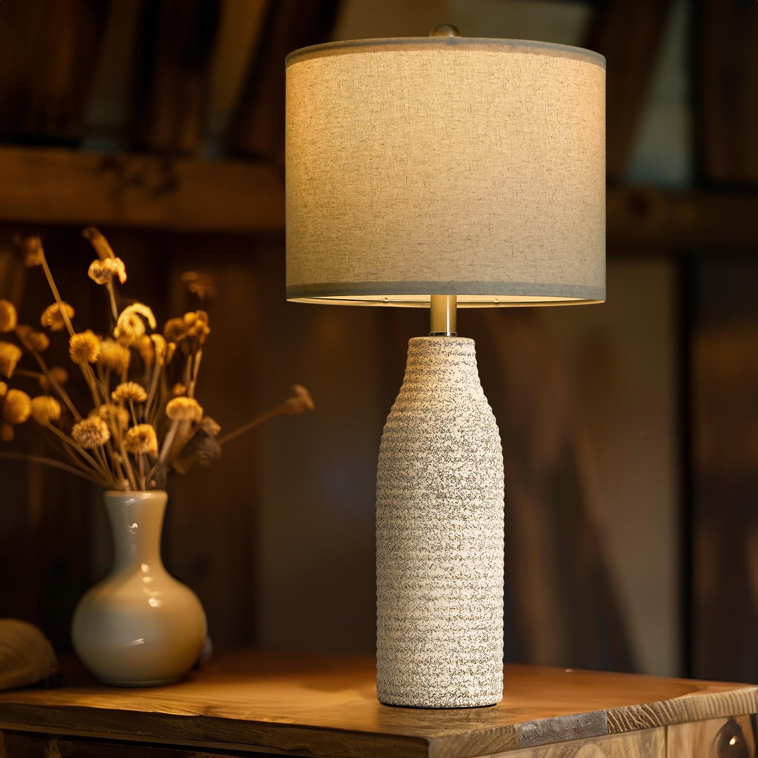 Portres 25'' Ceramic Table Lamp For Bedroom Bedside Lamps For Night Stands Modern Lamps For Living Room With Rotary Switch Gray