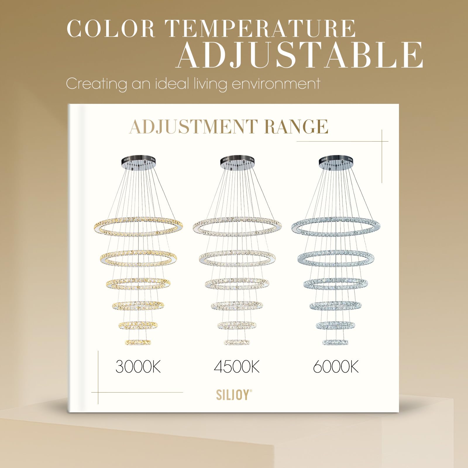 Siljoy 6 Ring Crystal Chandelier Lighting - LED Ceiling Fixture, High Ceiling Foyer, Stainless Steel, Model HLP168-234567