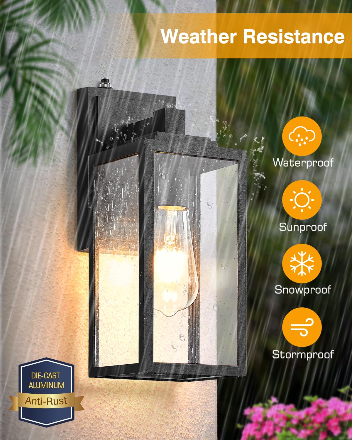 VIANIS Outdoor Wall Lighting 2 Pack - Black Dusk to Dawn Sconce, Modern Design with Tempered Seeded Glass, Standard Size, Model V81112