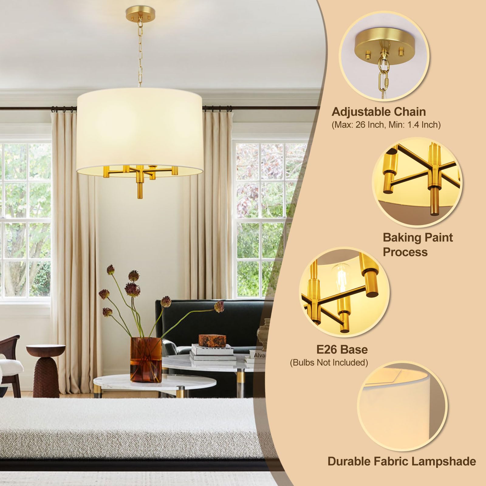 DLLT 4-Light Drum Chandeliers, 20 Modern Dining Room Pendant Chandelier, Adjustable Golden Chandelier with Beige Fabric Shade, E