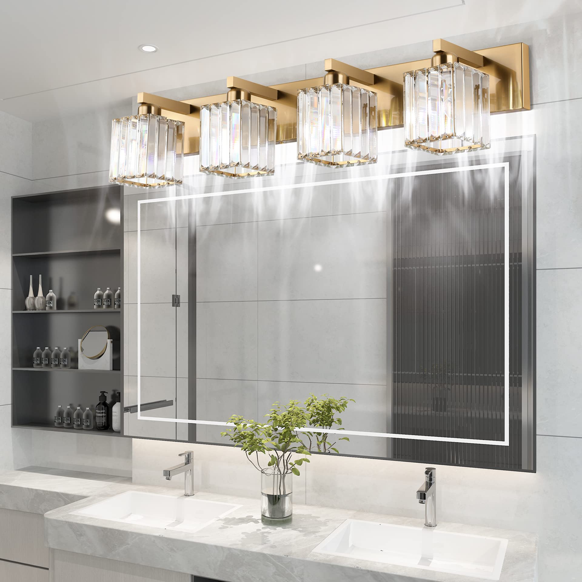 Aipsun Bathroom Lighting Fixtures Modern Crystal Vanity Light 4-Light Brass Square Shade Model 8461