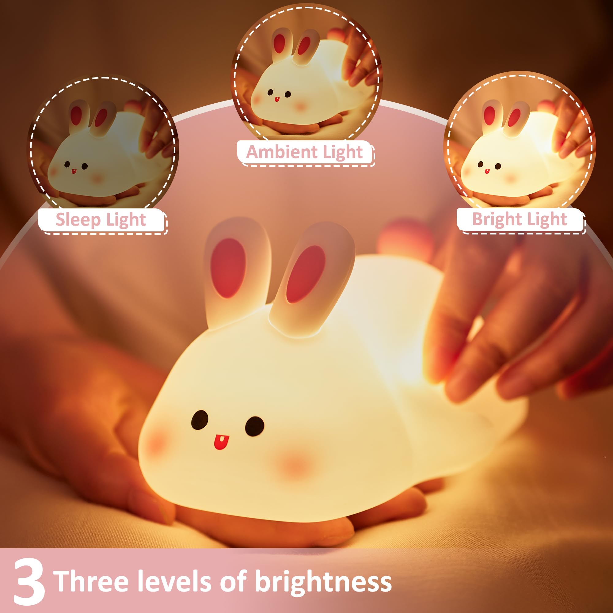 Attivolife Cute Bunny Nursery Light, Rabbit Squishy Silicone Touch Night Lamp Rechargeable, Kawaii Animal Toddler Room Decor Tab