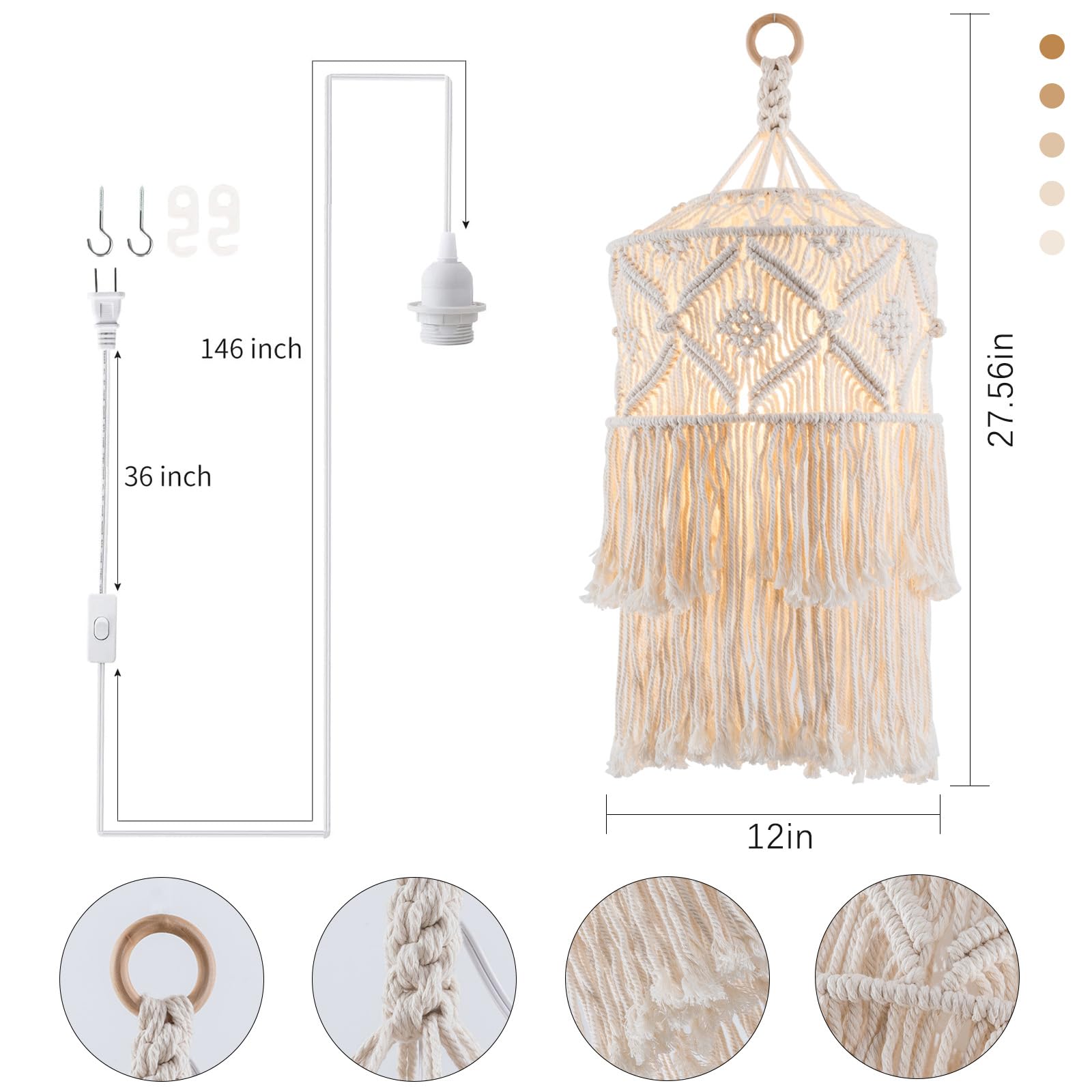 FLSFU Boho Pendant Light, Handmade Macrame Shade, Plug-in Cord, Beige, Model BOHO-04