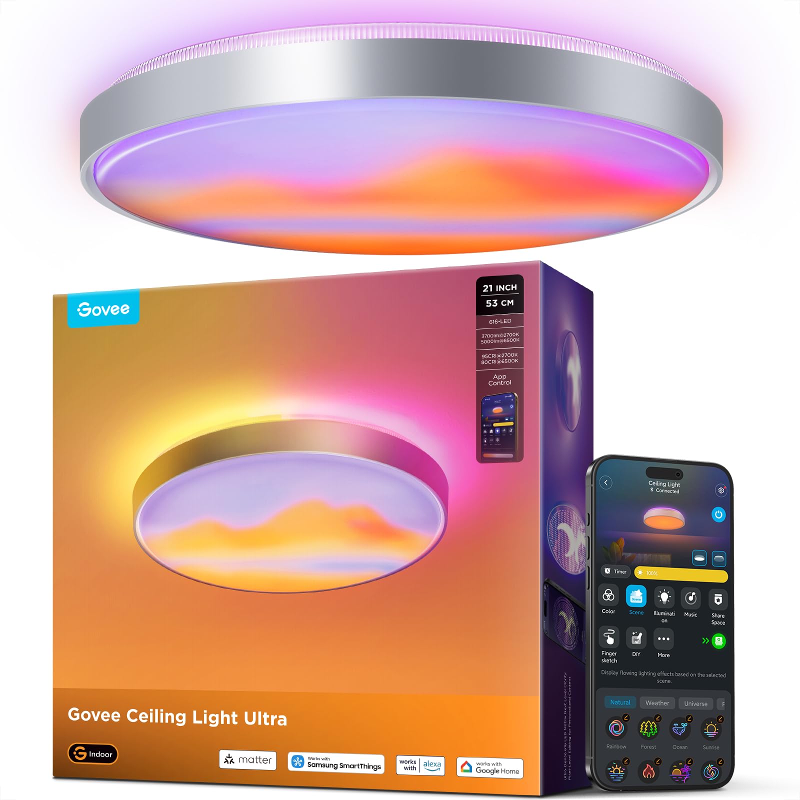 Govee Ceiling Light Ultra 21 Inch, 5000LM Smart Flush Mount Ceiling Light Fixture, Compatible with Matter & Alexa, RGBIC & Tunab