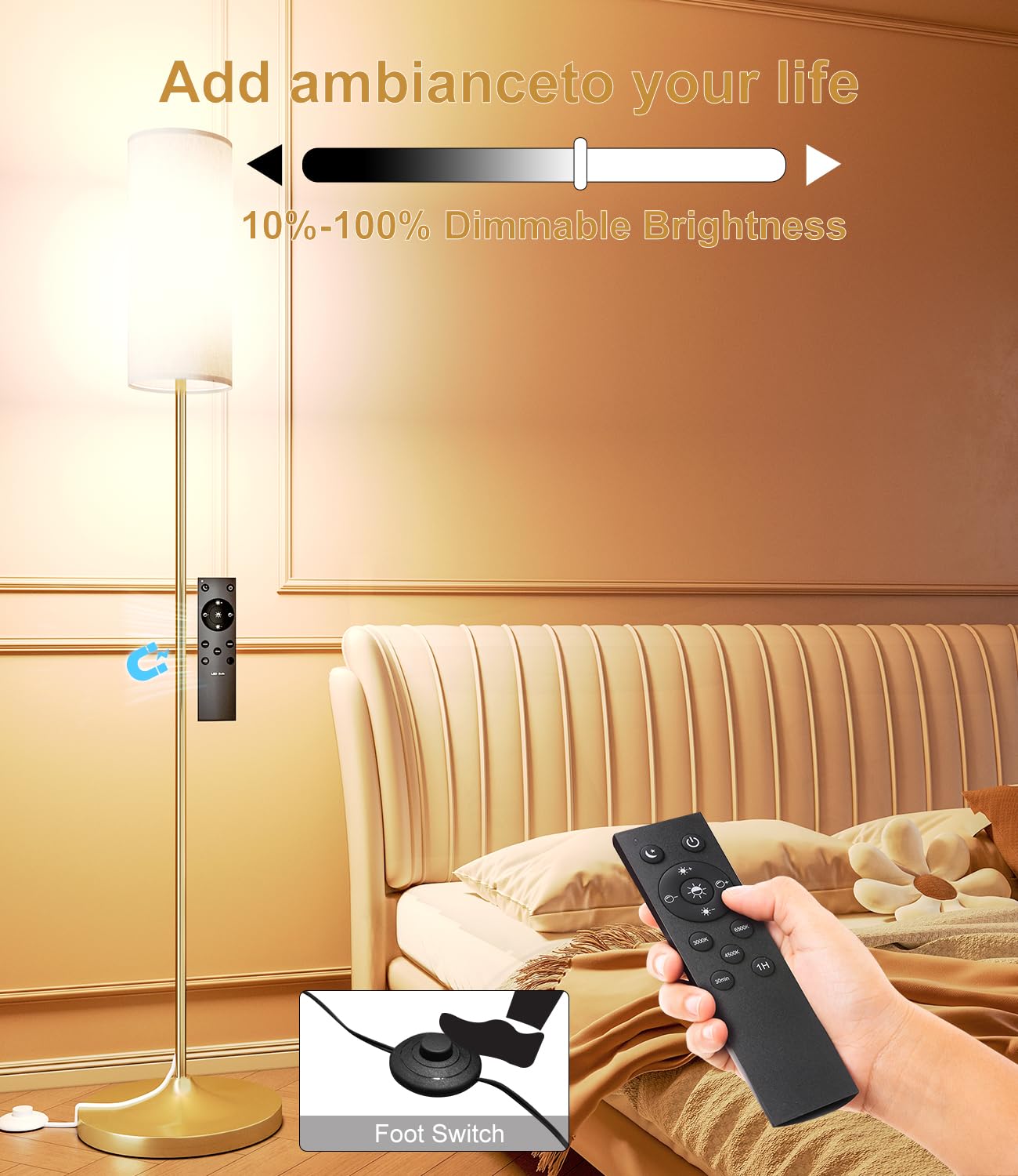 Luckystyle Led Floor Lamp For Living Room, Dimmable Standing Lamps With Foot Switch,Remote Custom Color Temperature Gold Pole La