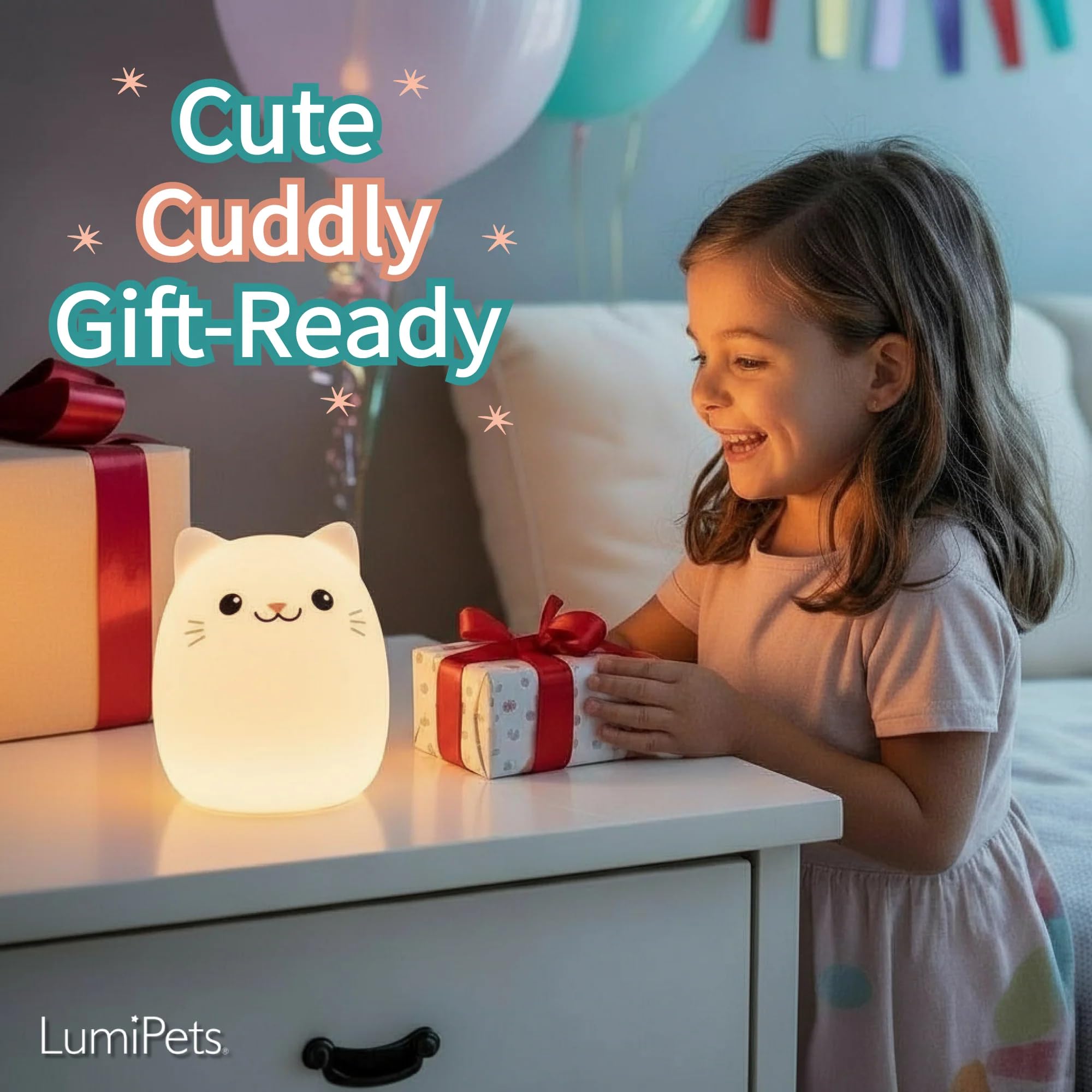 Lumipets Night Light Kids Lamp, Rechargeable Multicolor Silicone Cat Night Light, Model Lumipets13 For Girls Room