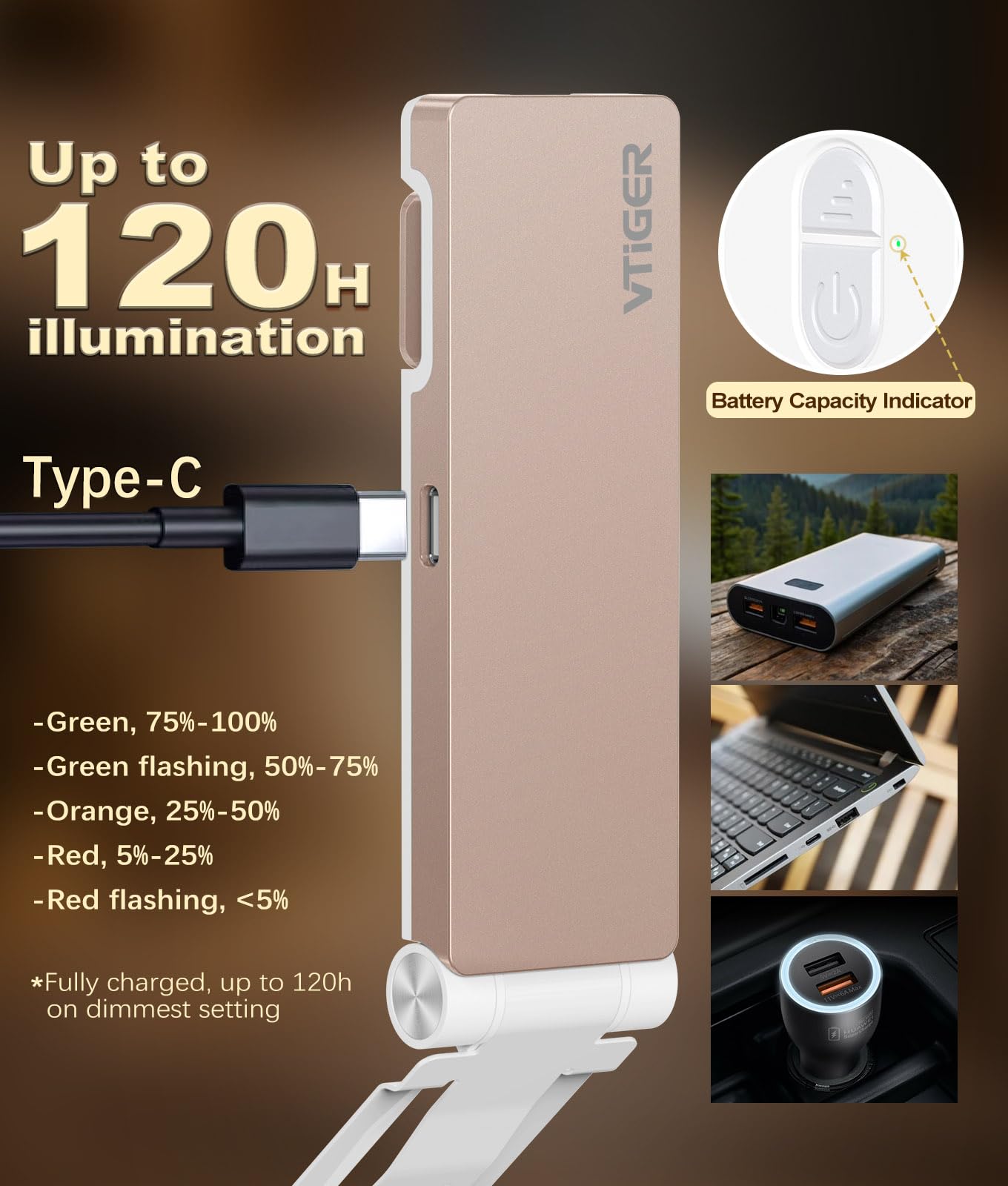 VTIGER USB Rechargeable Book Light, Foldable Clip-on LED, 3 Amber Colors, 4 Brightness Levels, Champagne Gold, Model B1