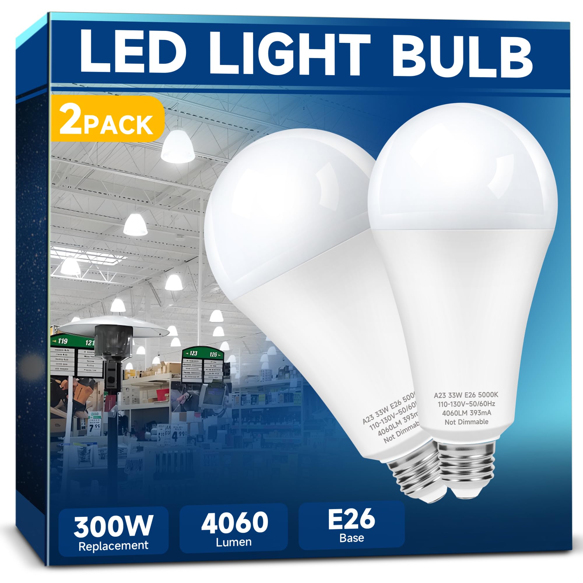 Prosperbiz 300W Equivalent LED Light Bulb, 4060 Lumen, A23-33W, 2-Pack, Cool White, Plastic Coated Aluminum
