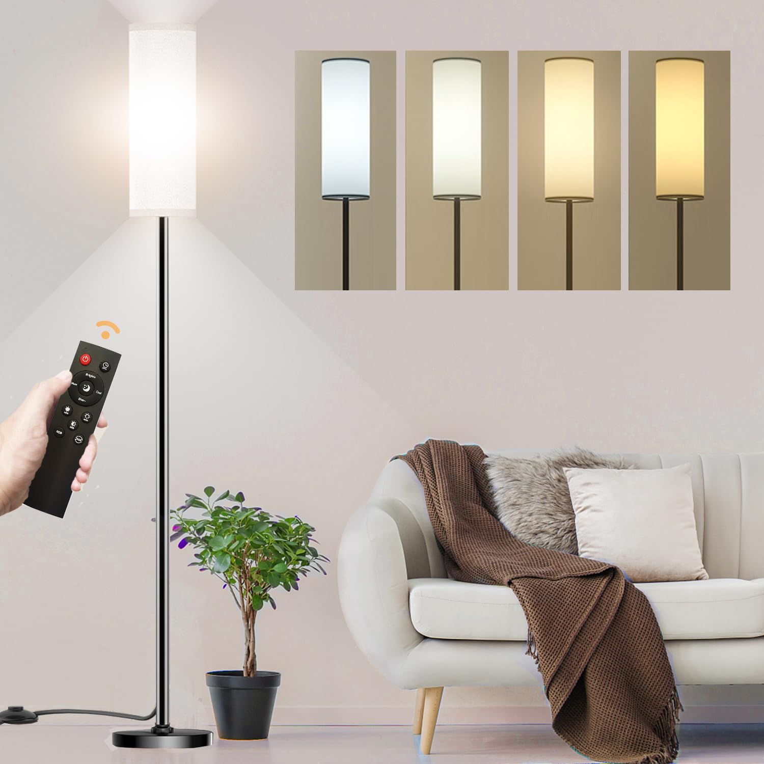 Qaubauyt Modern Led Floor Lamp With Remote, Dimmable Colors & Brightness, 9W Bulb, White