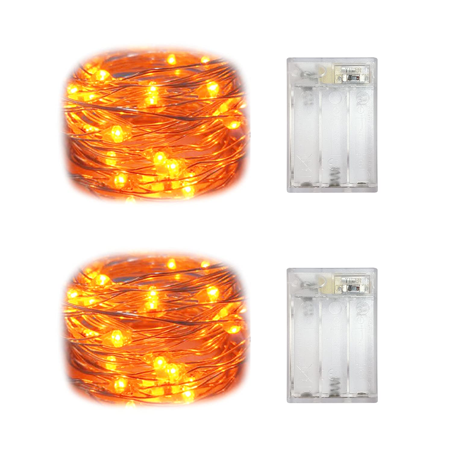 Everfit Lighting 2 Pack Mini Indoor LED Fairy Lights, 30 LEDs, 10 Ft Silver Wire, Timer, Orange Color