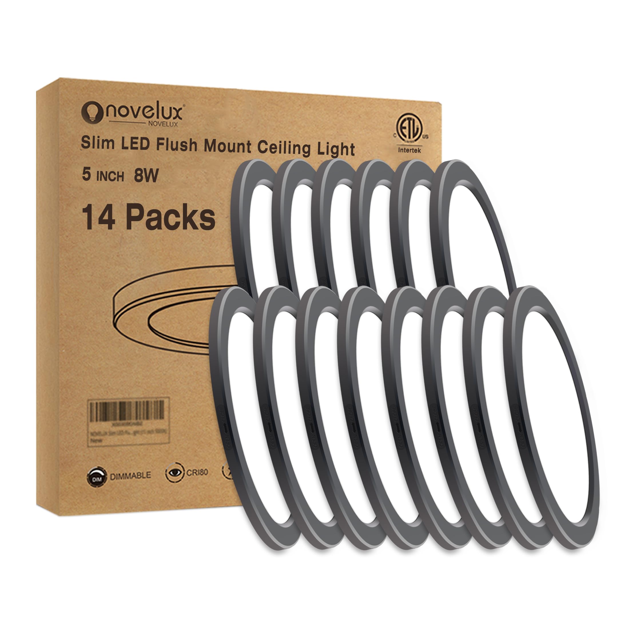 Novelux 5.4'' Flush Mount Dimmable Led Ceiling Light - 5000K Black, Ultra Thin Round, 14Pack For Bedroom, Bathroom, Kitchen, Hal