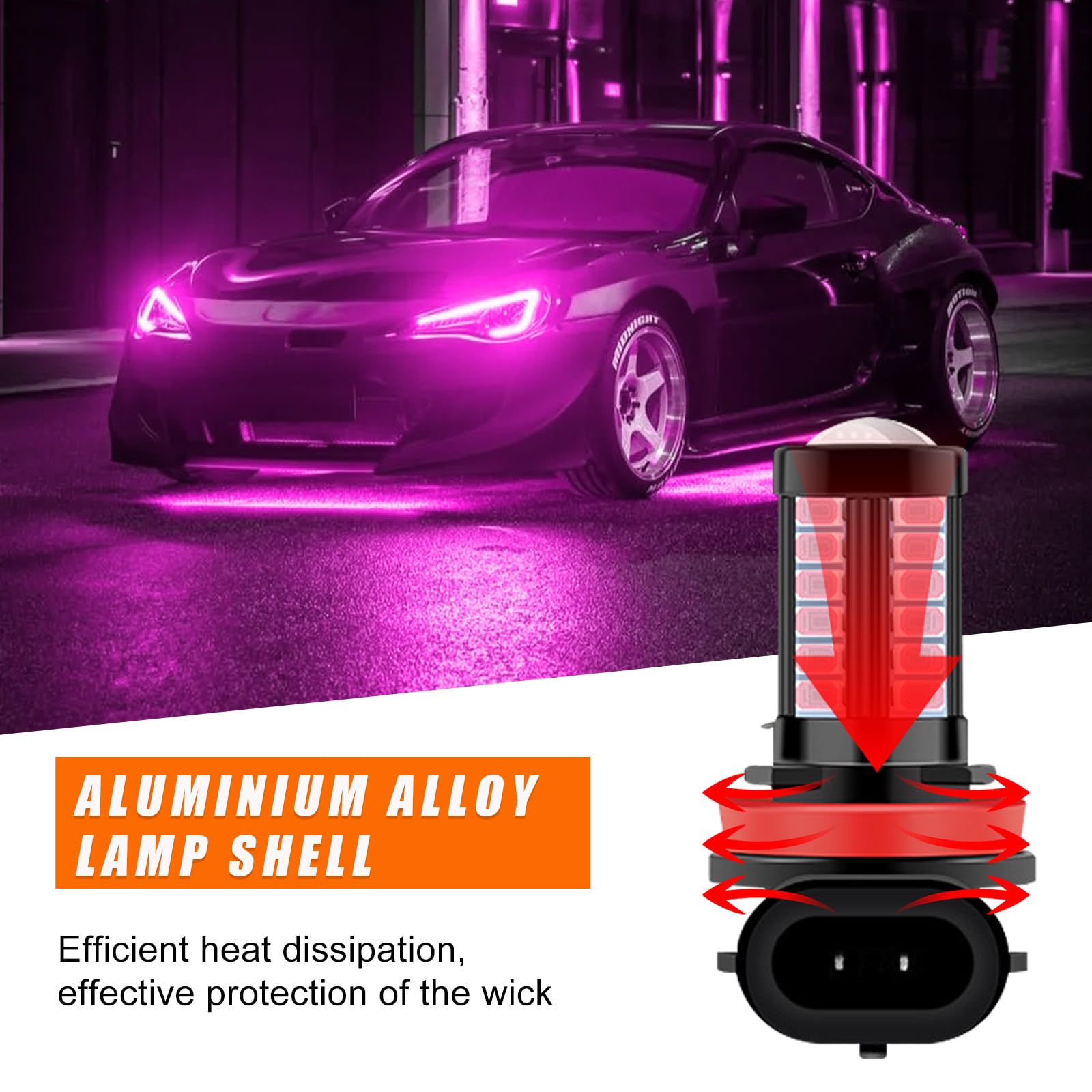 Yourkar H8 H11 LED Fog Light Bulbs, 12V Plug and Play, Aluminum, Pink, Compatible with Most Cars, Trucks, SUVs