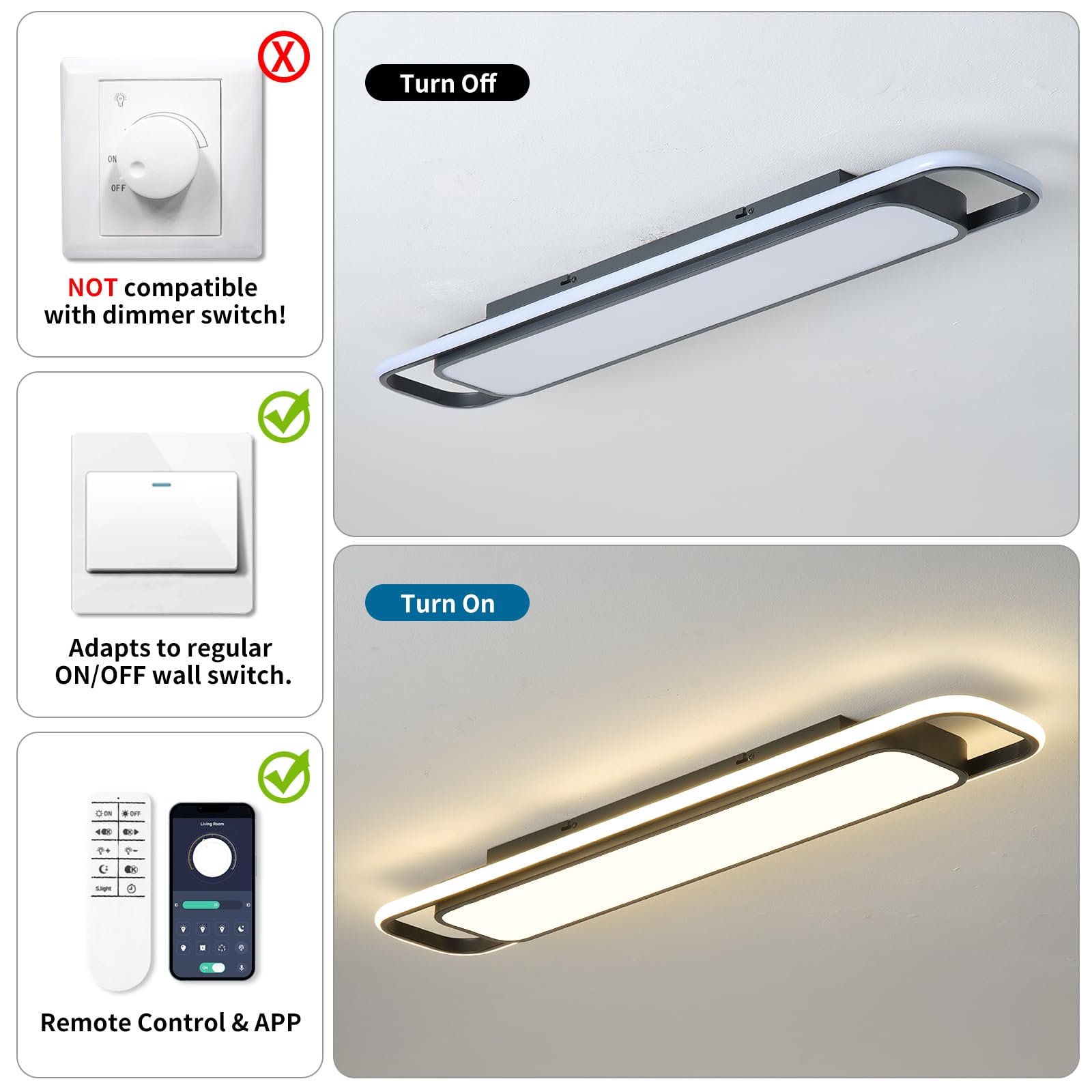 Oranoor Modern Led Ceiling Lighting With Remote  70W Dimmable Black Linear Flush Mount Light Fixture  39.4 Low Profile Lights Fixture Long Led Ceiling Lamp For Kitchen Bedroom Living Room Hallway