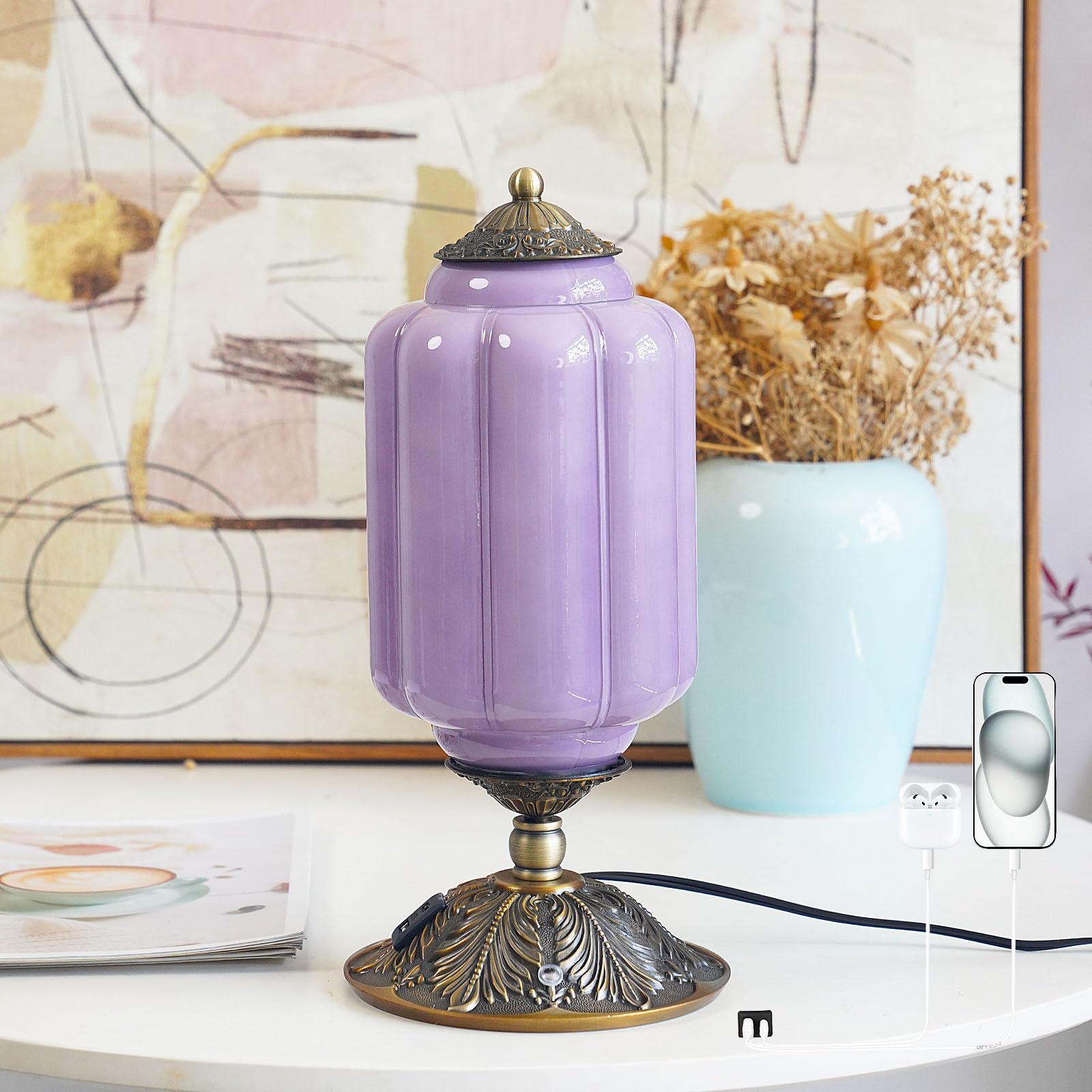 Vintage Purple Glass Touch Table Lamp  Elegant MilK Glass Bedside Desk Lamp 3 Way Dimmable with USB C+A Charging Ports - Bedroom Nightstand & Living Room Essential  4W Bulb Included (Purple  6.5)