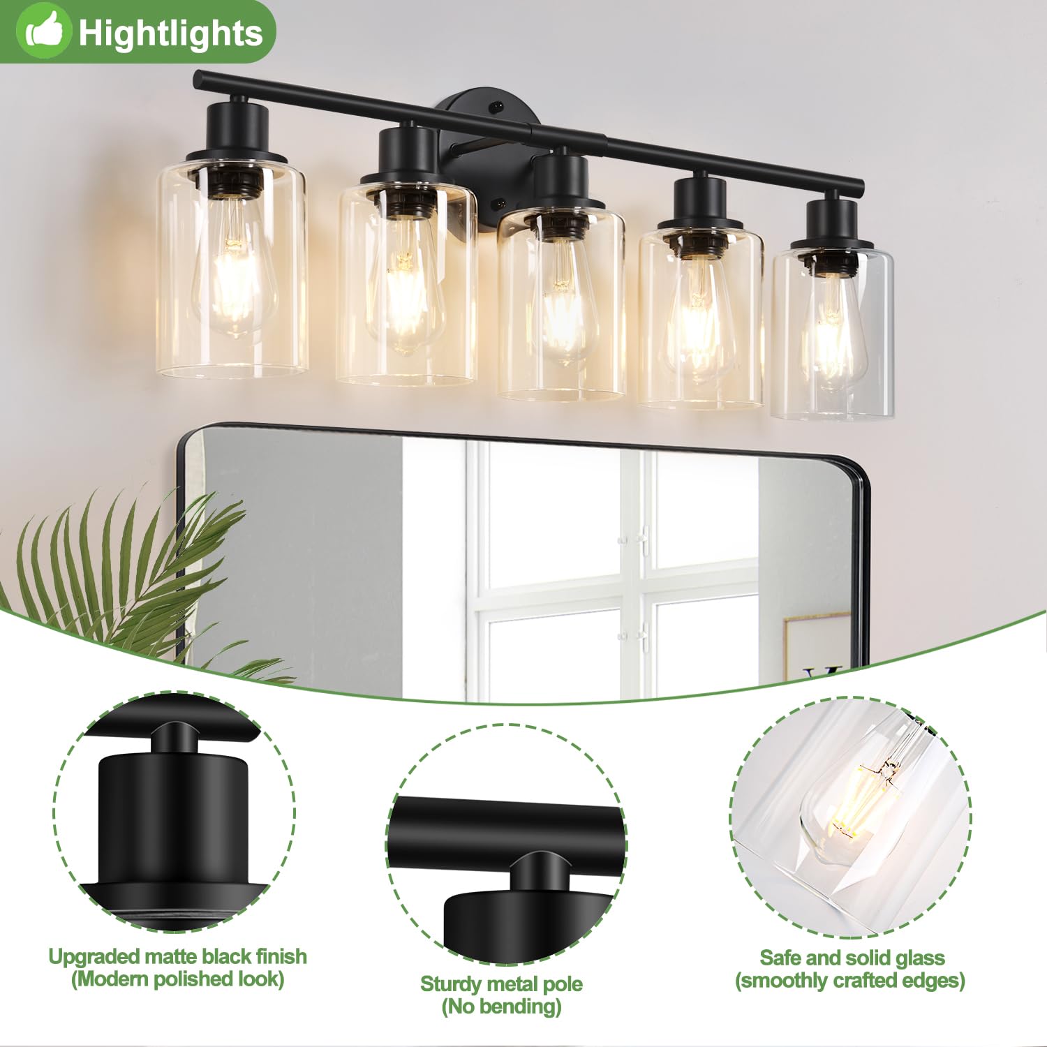 Zarbitta 5-Light Bathroom Light Fixture, Matte Black Modern Vanity Lights with Clear Glass Shade, Model YX-059