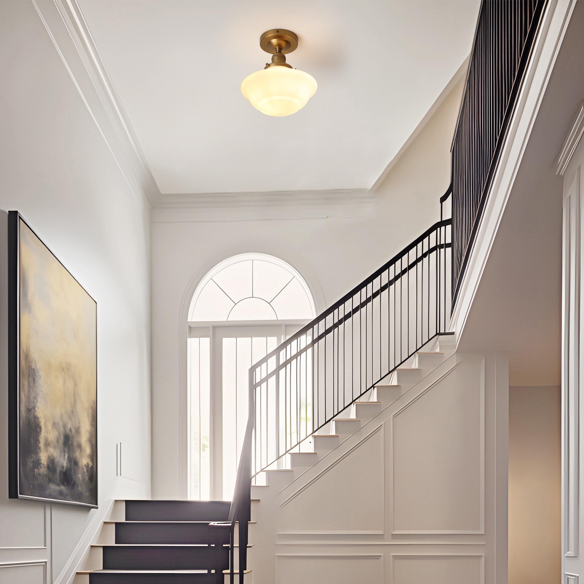 Pathson Vintage Flush Mounted Ceiling Light, Brass, Milk White Glass Shade, Model XLUS1142X