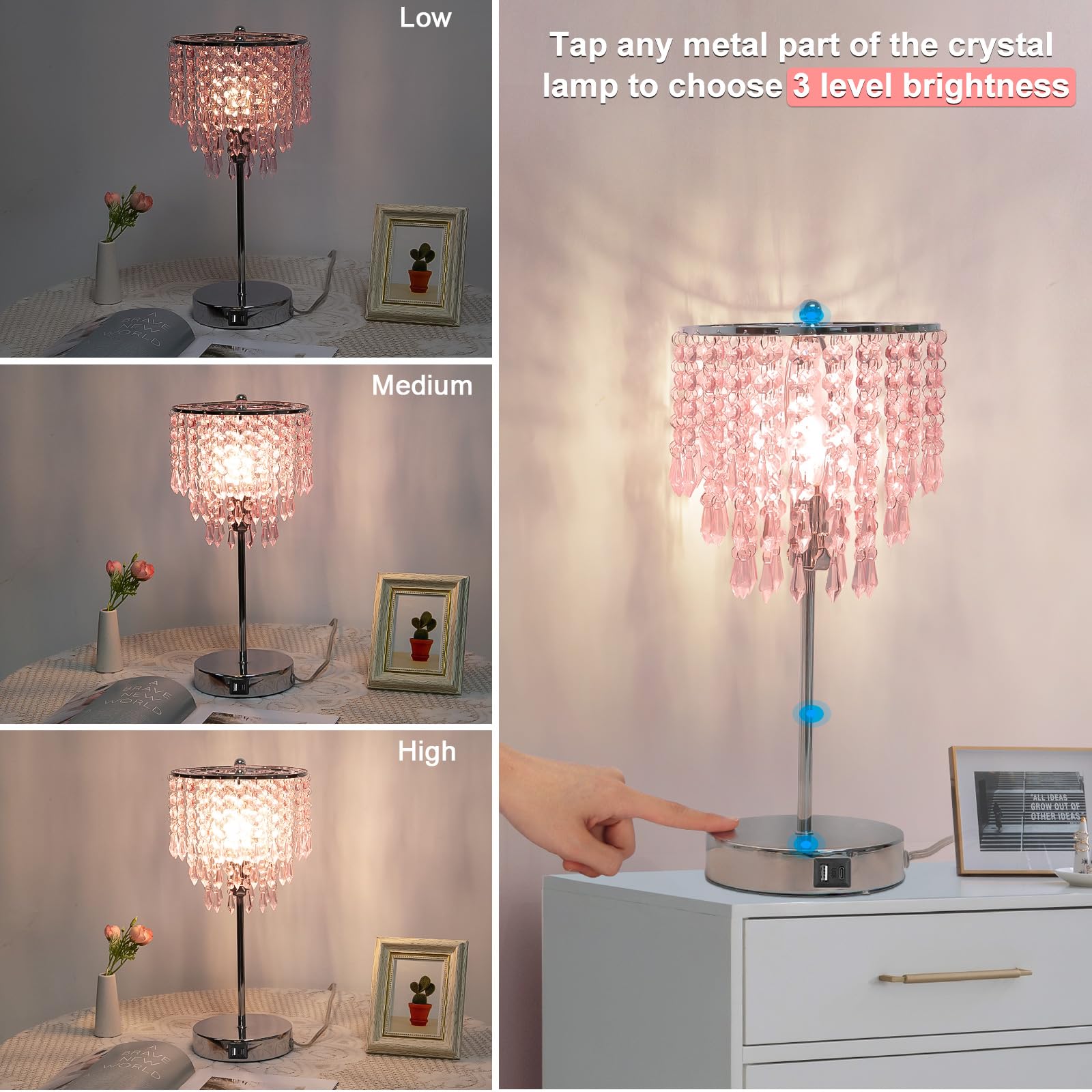 Crystal Touch Control Table Lamp With Dual Usb Charging Ports, 3 Way Dimmable Bedside Lamp With Pink Shade, Decorative Nightstan
