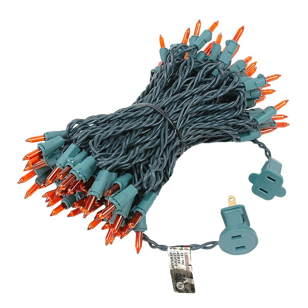 Novelty Lights 50 Feet 100 Bulbs Traditional Incandescent Mini Lights, Amber On Green Wire With 6 Spacing, Commercial Grade And