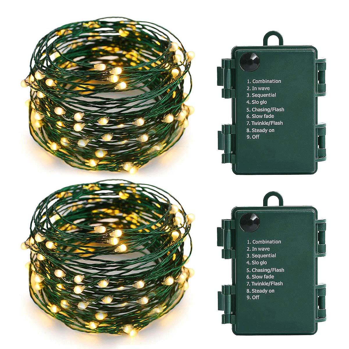 Battery Operated String Lights - 18FT 50 Micro LEDs Starry Lights Christmas Lights Fairy Lights Firefly Lights with Dark Green Copper Wire for Christmas Tree, Wreath, DIY, Wedding, Warm White (2 Pack)