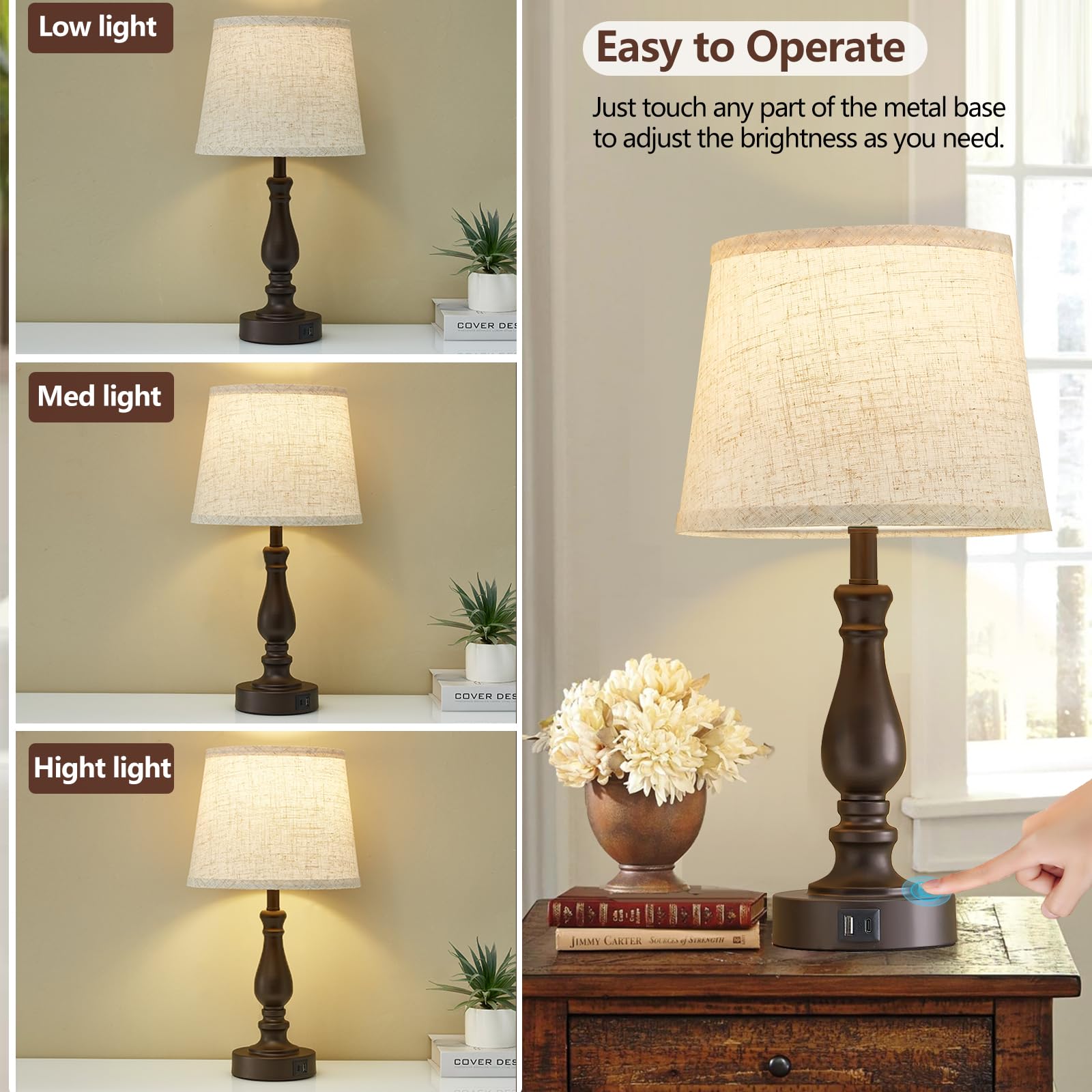 EJIAXIN Touch Table Lamps Set of 2 - 3 Way Dimmable with USB C+A Ports - Beige Shade and Brown Base - Model 98008H