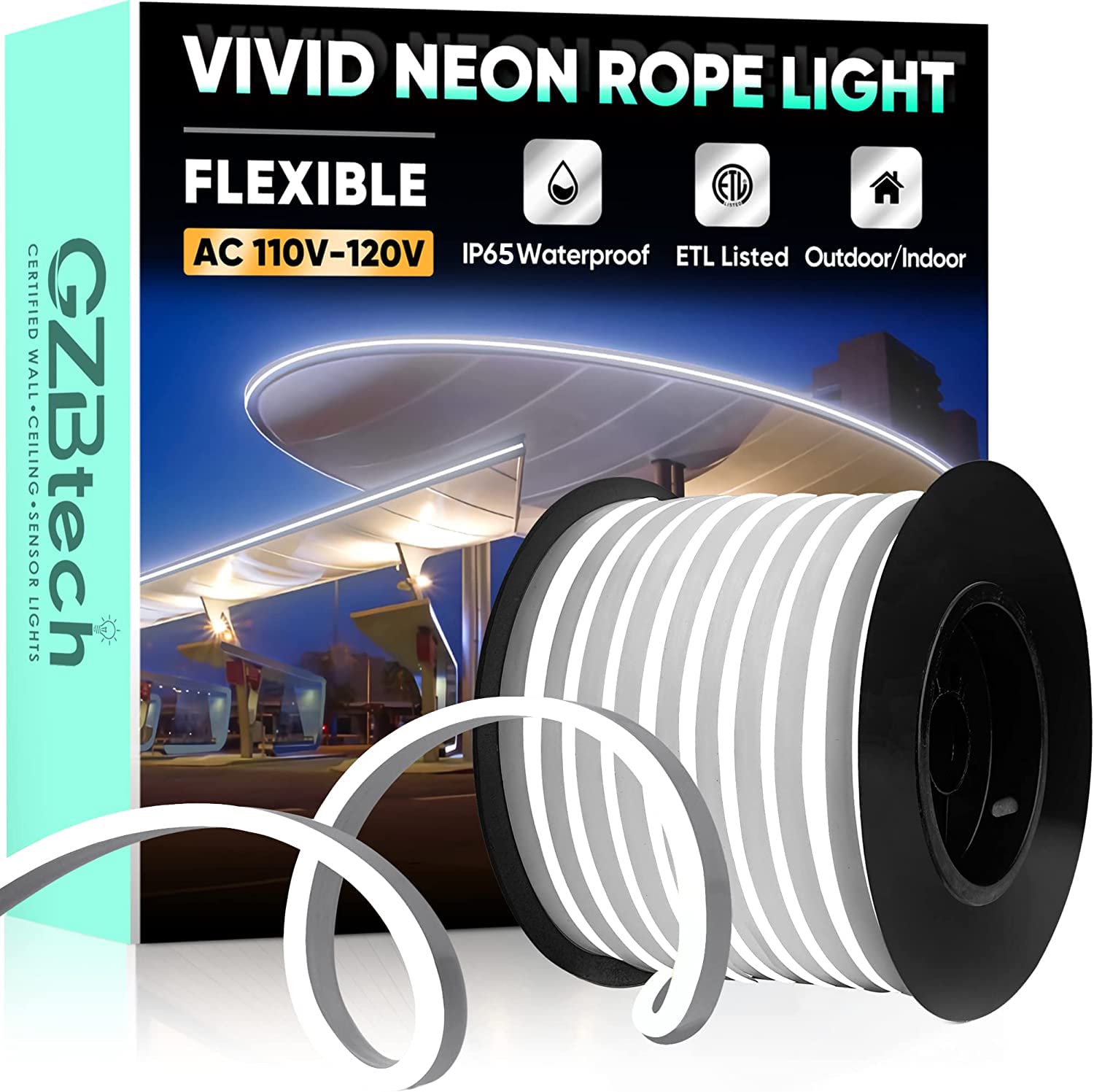 Gzbtech Flexible Led Neon Rope Lights 82Ft Ac 110-120V Waterproof Strip Light  120 Leds/M Cuttable Connectable Neon Lighting For Indoor Outdoor Home Decor/Commercial Building Use-Cold White 25M