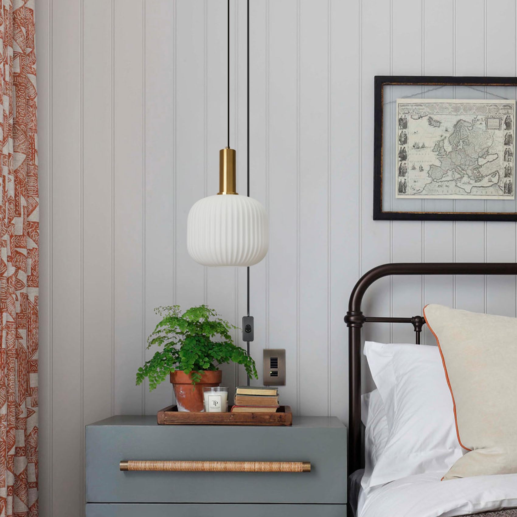 Pobllem Mid Century Modern Pendant Light White Chandelier Ceiling Light Fixtures With Classic Striped Lantern Design, Plug In Ha