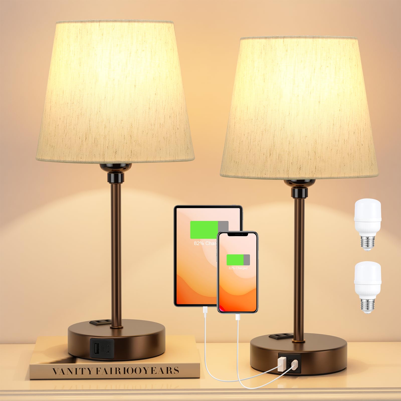 Acaxin Brown Bedside Lamps For Bedrooms Set Of 2 - Nightstand Bedroom Lamp With Usb C Port And Ac Outlet Charging, 3 Way Dimmabl