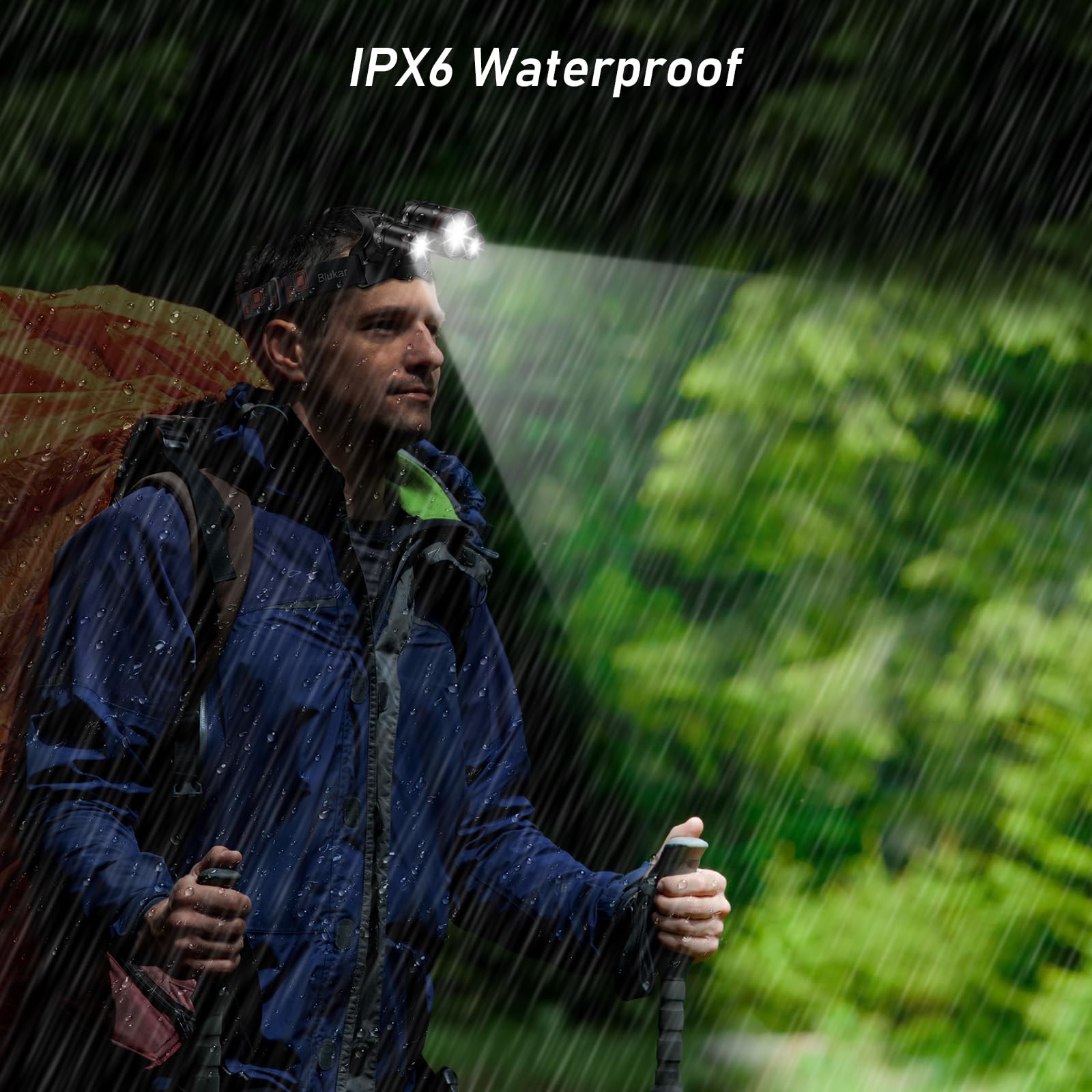 Blukar LED Headlamp - Super Bright Rechargeable Flashlight, 3 Lights, 5 Modes, IPX6 Waterproof, Black, Model K9116