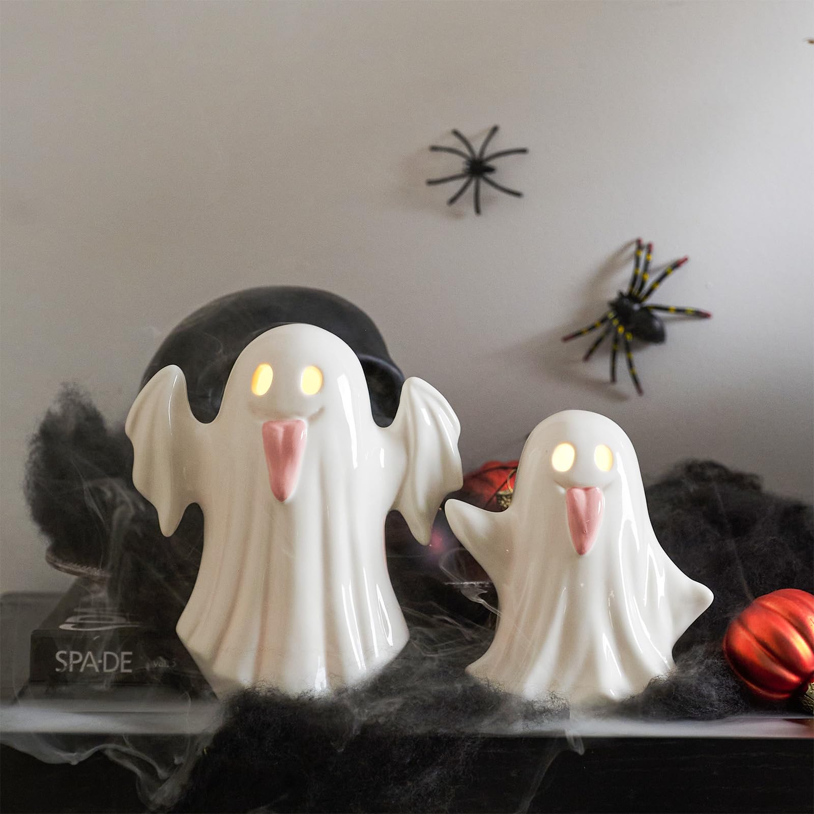 WDS WONDROUS Halloween Decor Ghost Figurines Light Up - White Set of 2 Ghost Figurines with Pink Tongue -Cute Halloween Ceramic