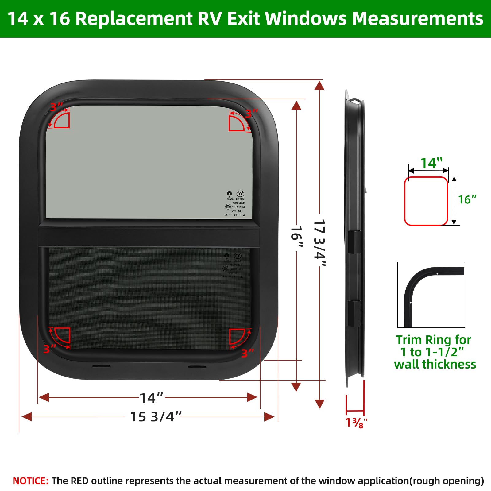 NOVINO RV Window – Vertical Sliding Replacement for Trailers, 14inW x 16inH, Black, Model NRW-001, Fits 15/16in or 1-3/8in