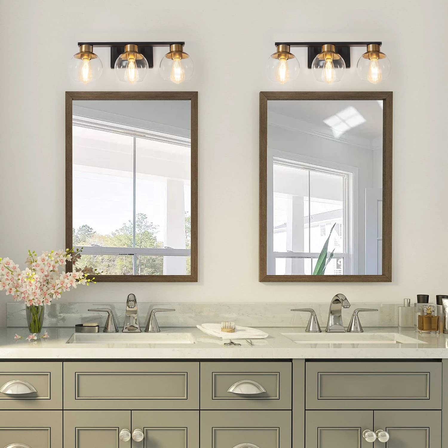 PAZALA 3-Light Bathroom Vanity Lights, Black Gold Metal, Globe Glass Shade, 22in Modern Wall Sconce, Model 1698-3-HJ