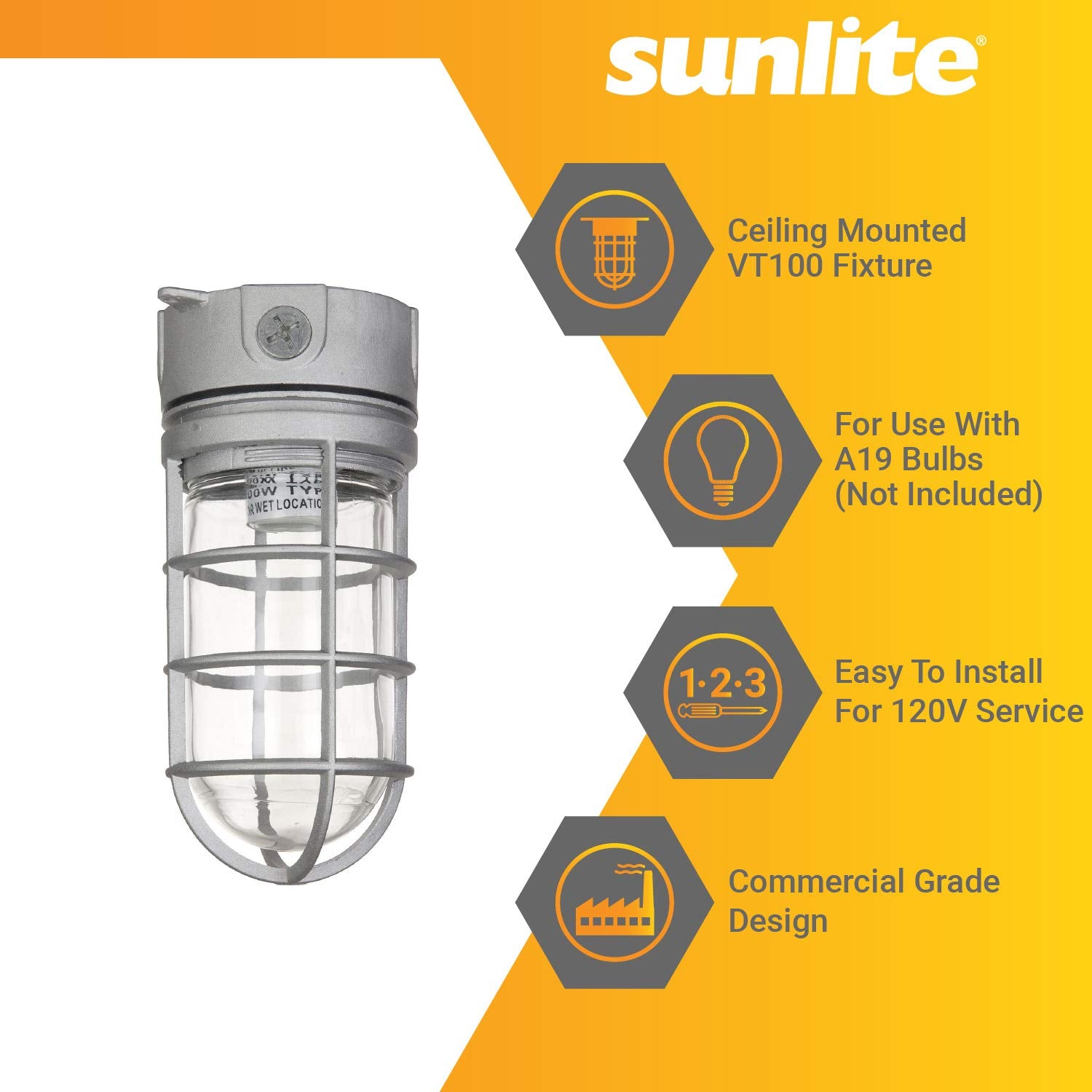 Sunlite Vaporproof Industrial Jar Light Fixture, Medium Base Socket (E26), Ceiling Mount, 100W Max, 120V, For Security Construct