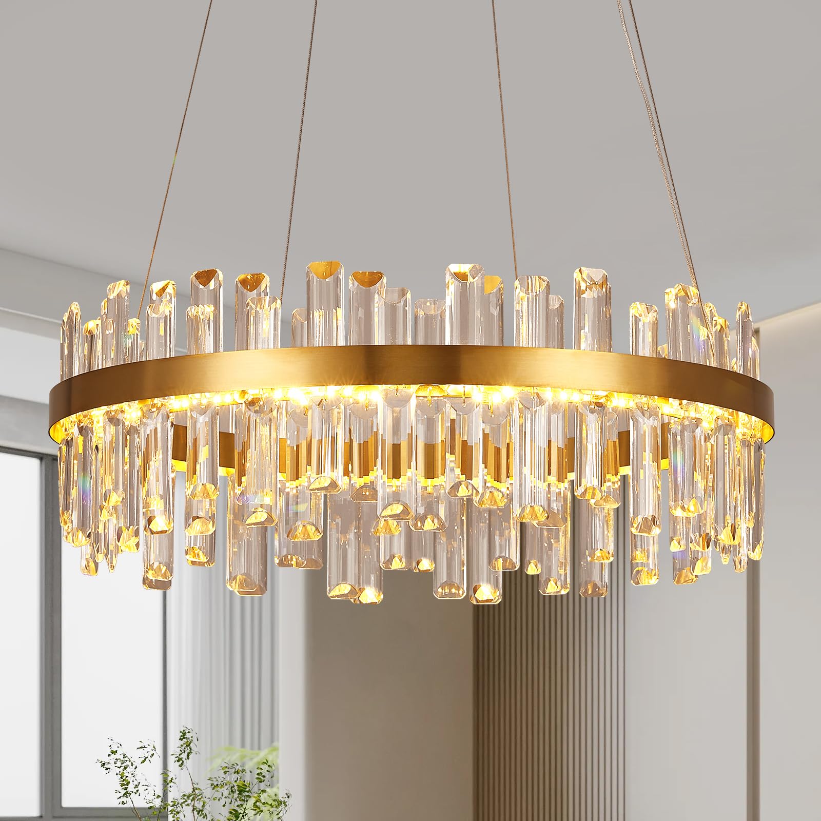 Modern Gold Crystal Led Chandelier: 23.6 Round 3 Color Dimmable K9 Elegant Crystals Chandeliers for Dining Room Lights over Table - Elegant Contemporary Living Room Bedroom Kitchen Light with Remote