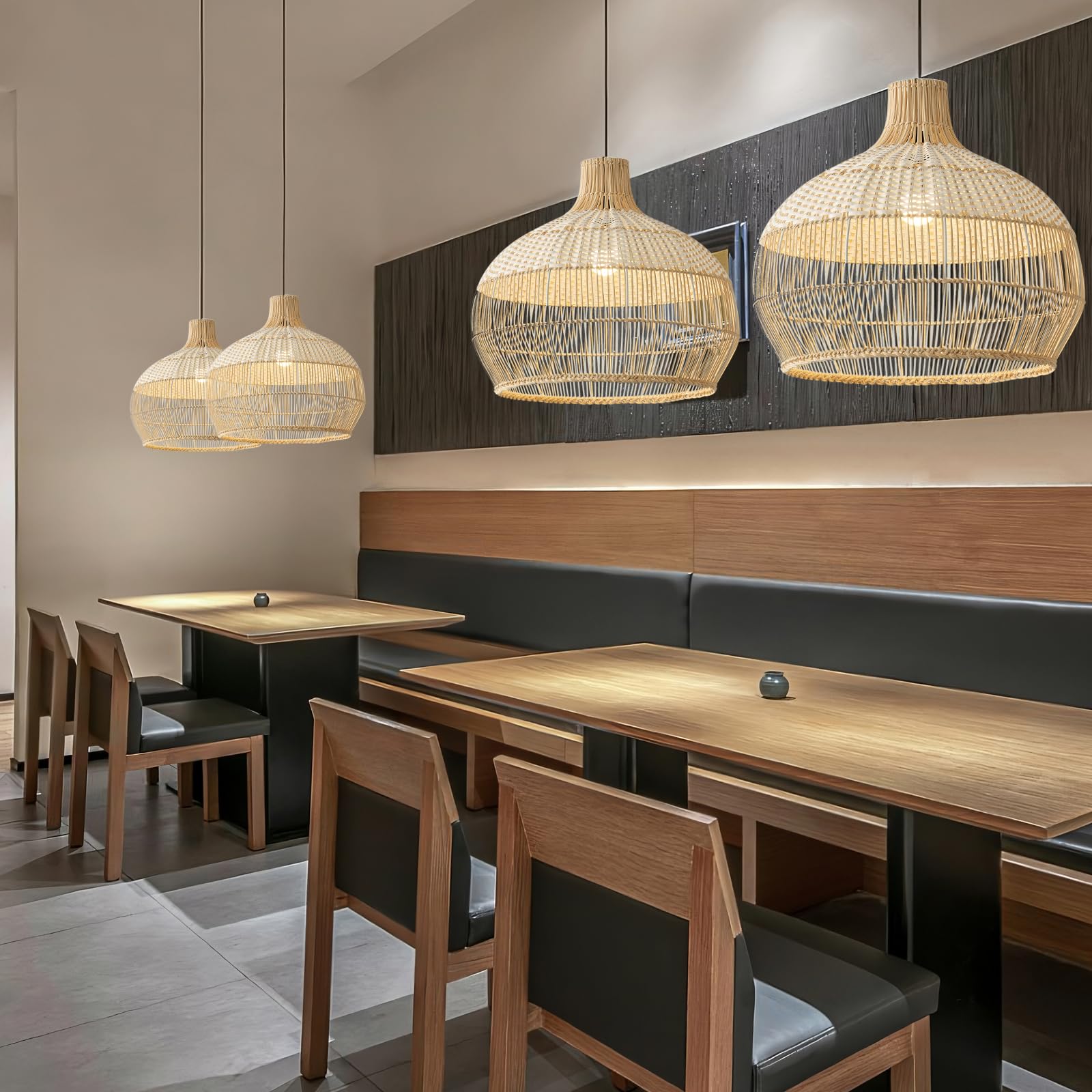 Teru Ji Kaikang 15" Rattan Pendant Light Fixture, Hand-Woven White Wicker Chandelier for Dining, Living Room, Kitchen