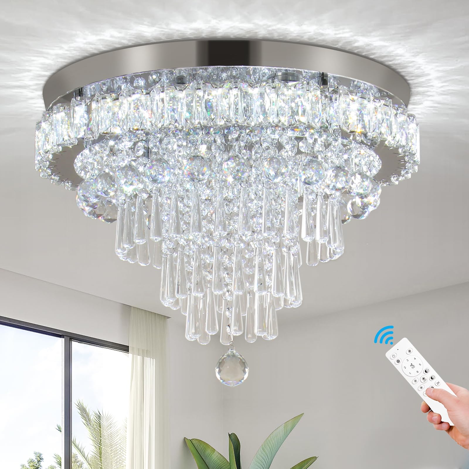 FRIXCHUR Crystal Chandelier LED Ceiling Light Fixture, Dimmable, Large, Stainless Steel, Model QH-MC109, 17.7 Inch
