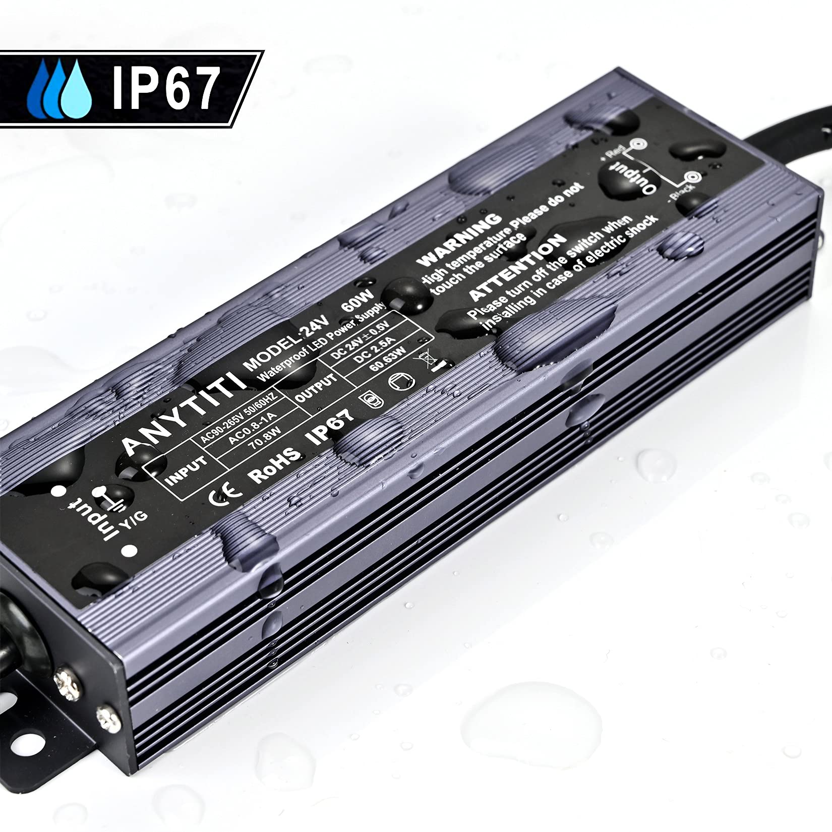 Anytiti Led Driver,Led Power Supply Ip67 Waterproof Output 60W Dc24V 2.5A 3-Prong Plug 4.5Feet (24V 60W)