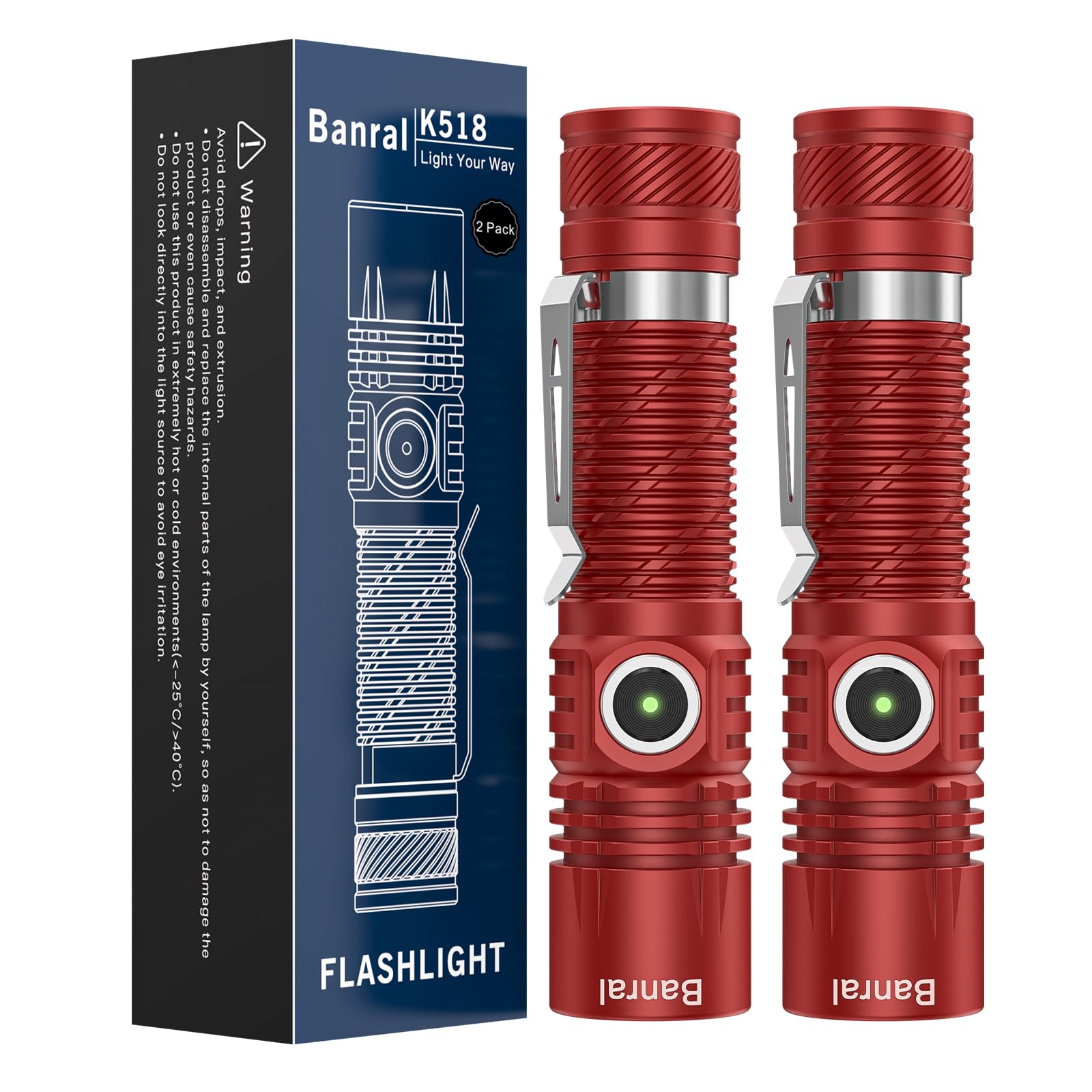 Banral Rechargeable Tactical Flashlight, 4 Modes, USB-C, Waterproof, Mini, Red, Model K518
