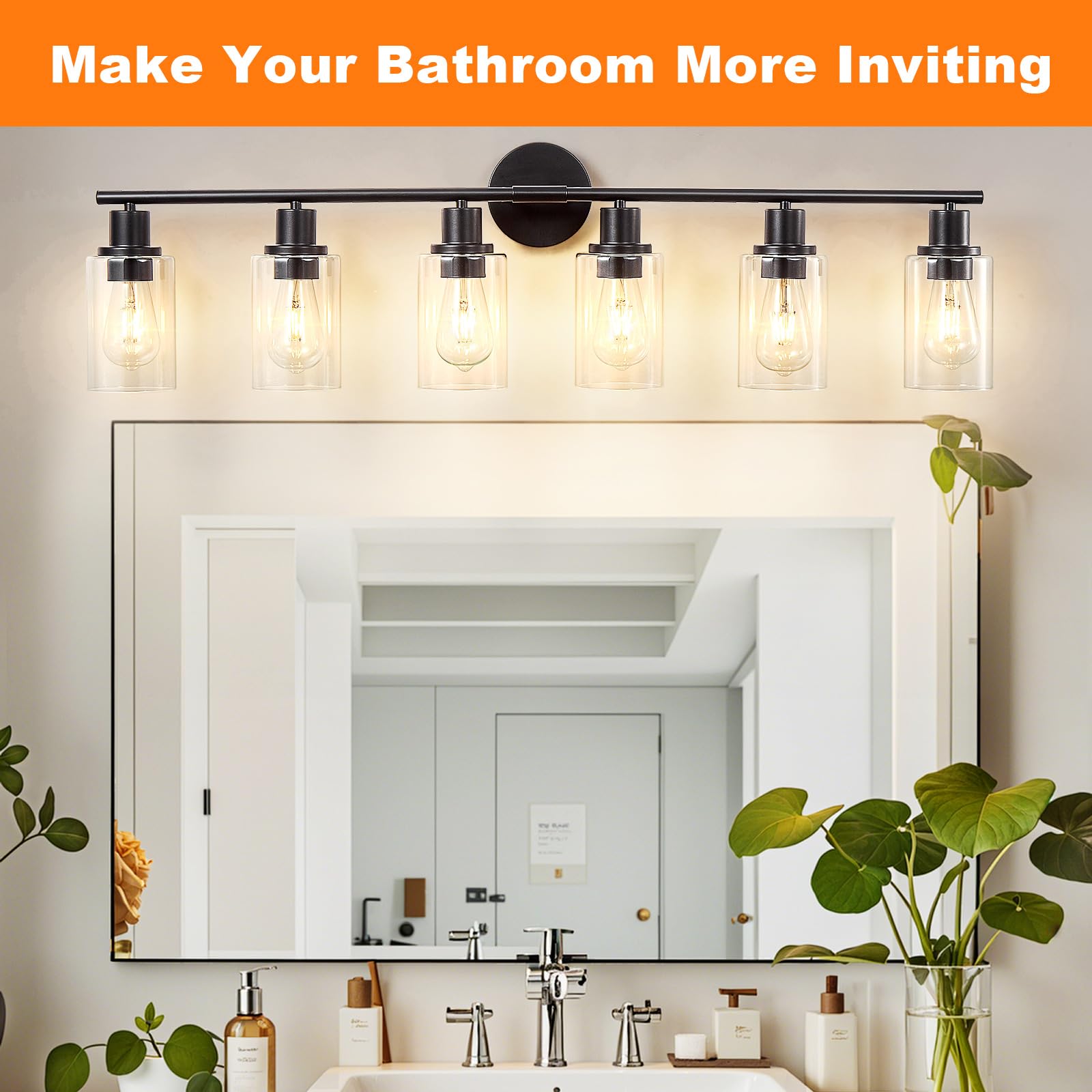 DINGLILIGHTING 6-Light Bathroom Light Fixture Black Metal with Clear Glass Shade for Mirror Kitchen Living Room Hallway