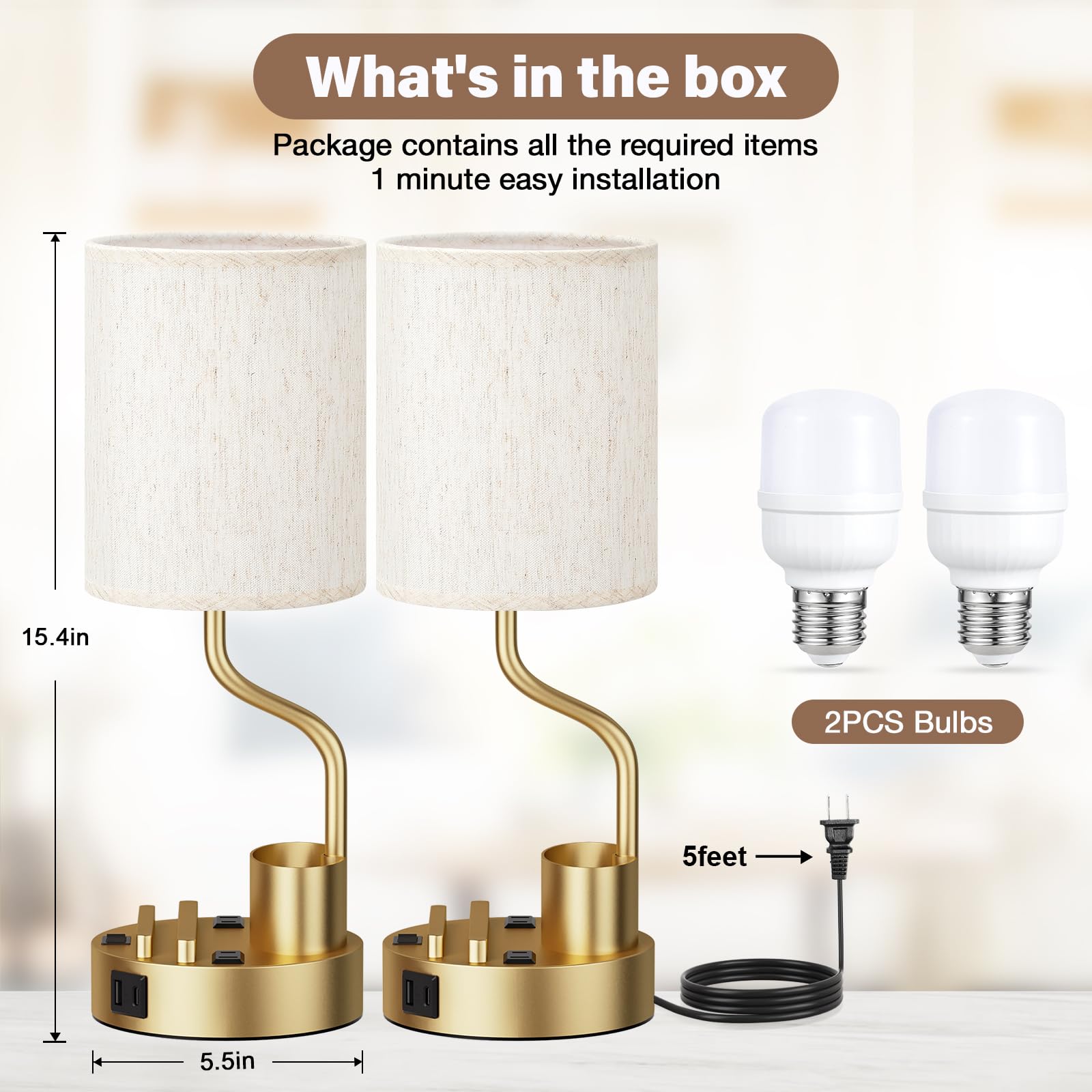 Fenmzee Gold Bedside Table Lamps Set of 2 - Nightstand Light with USB & AC Outlet, 3 Color Temperatures, Cream & Gold