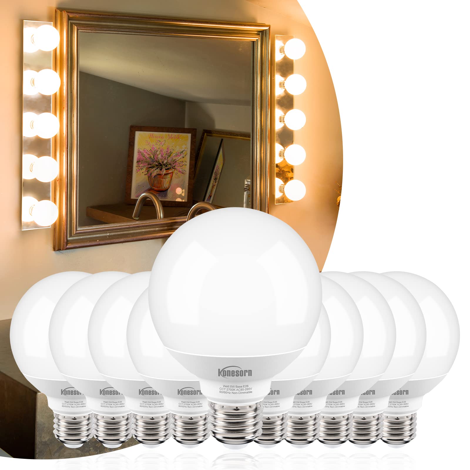 Honesorn Bathroom Light Bulbs 10 Pack, 60 Watt Equivalent, 2700K Warm White Globe Light Bulbs For Vanity Mirror, G25 Led Bulb E2