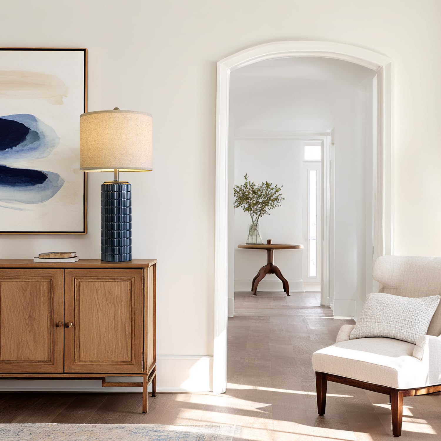 PoKat 27.5" Tall Ceramic Table Lamps Set of 2 - Dark Blue Nightstand Lighting for Living Room and Bedroom - Model AMZ-T1102L-BL