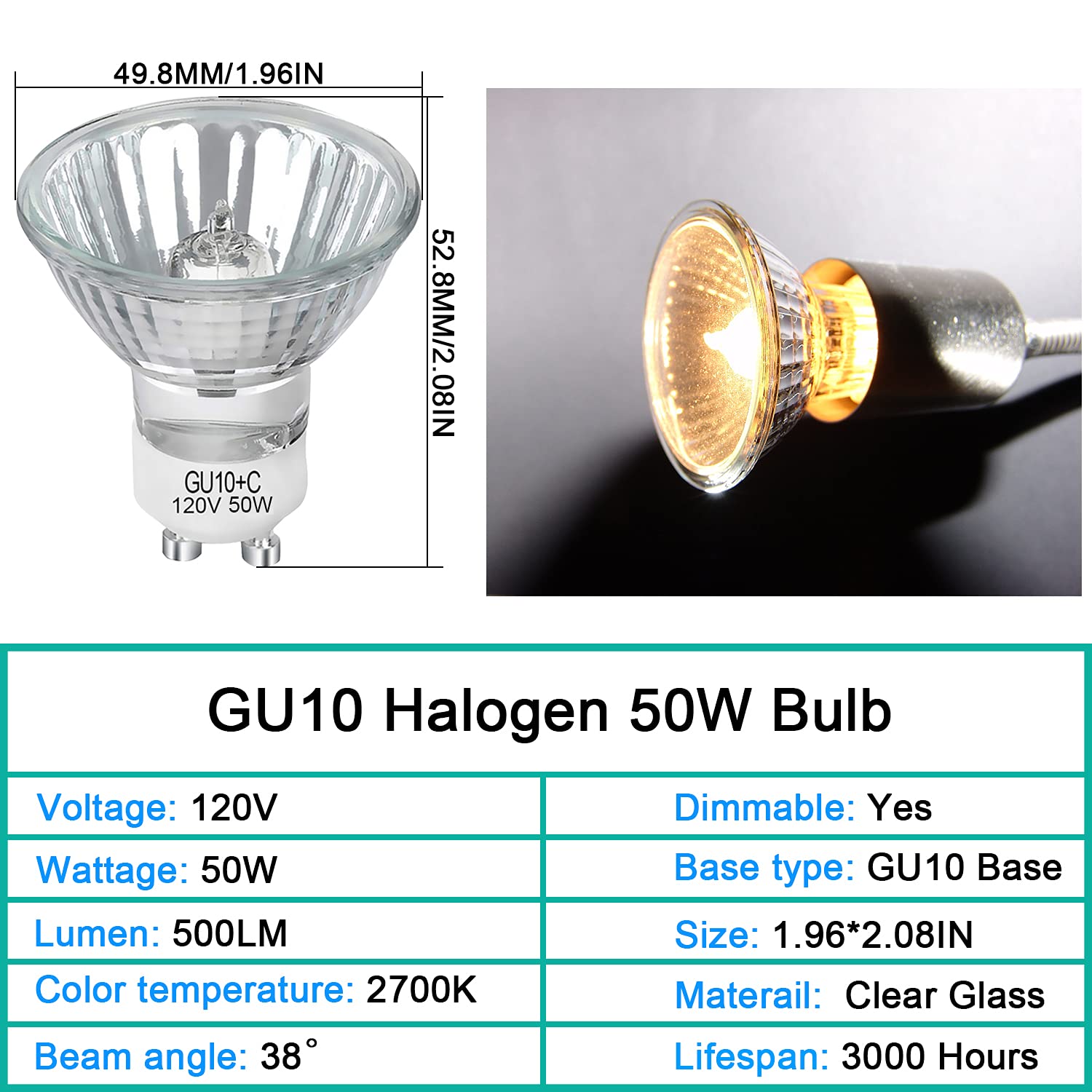 Lacnooe GU10 Halogen 50W Bulbs, 6 Pack Dimmable MR16, 2700K Warm White for Track & Recessed Lighting, GU10 Base