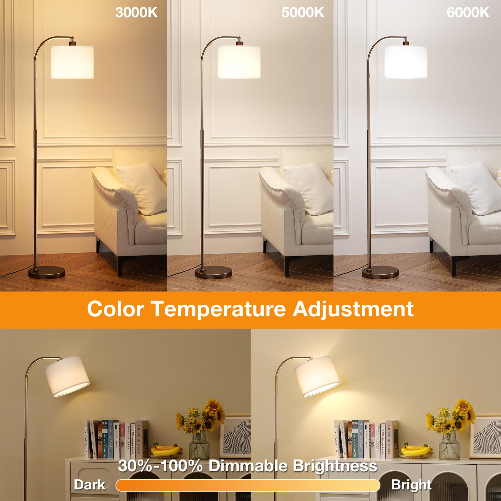 Arc Floor Lamp With Remote And Stepless Dimmable Bulb, Colors Temperature & Brightness Adjustable, Floor Lamps For Living Room(W