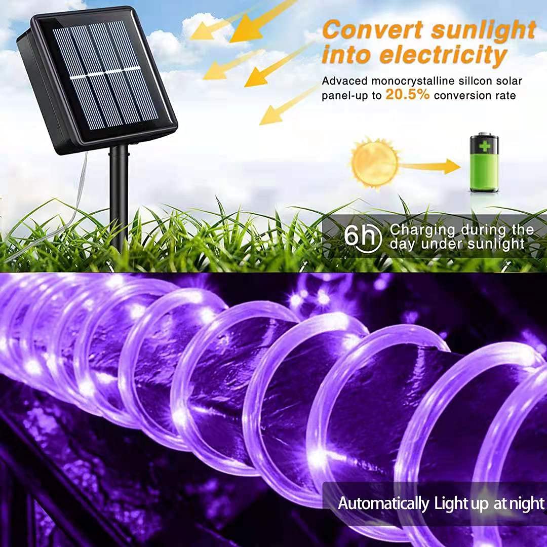 Qitong 2 Pack Purple Solar Rope Lights Outdoor Waterproof, Each 33Ft 100 Led String Lights, 8 Modes Clear Pvc Solar Tube Light