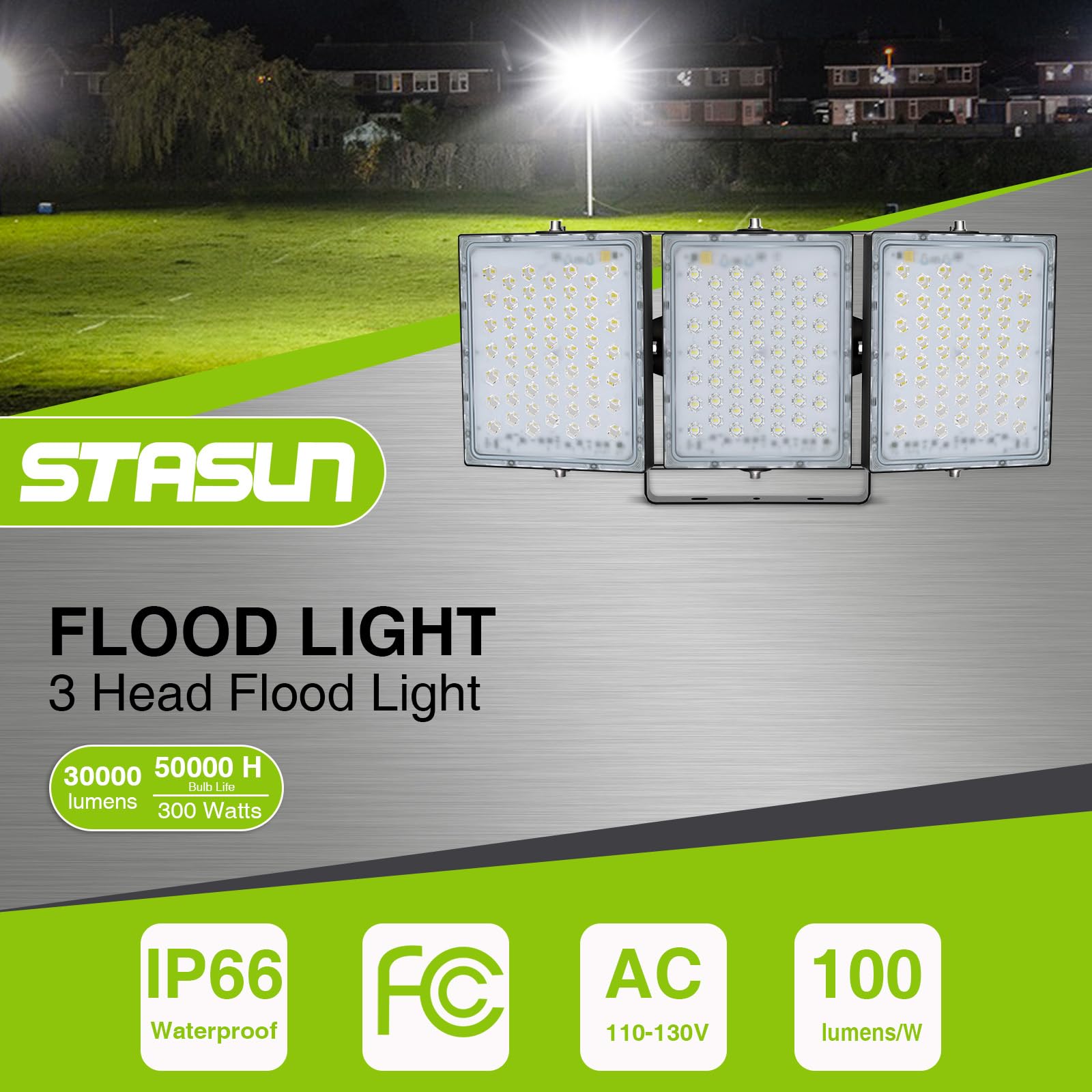 STASUN 300W LED Flood Light, 30000LM IP66 Waterproof Commercial Light, 6000K Daylight, 3 Adjustable Heads for Outdoor Use