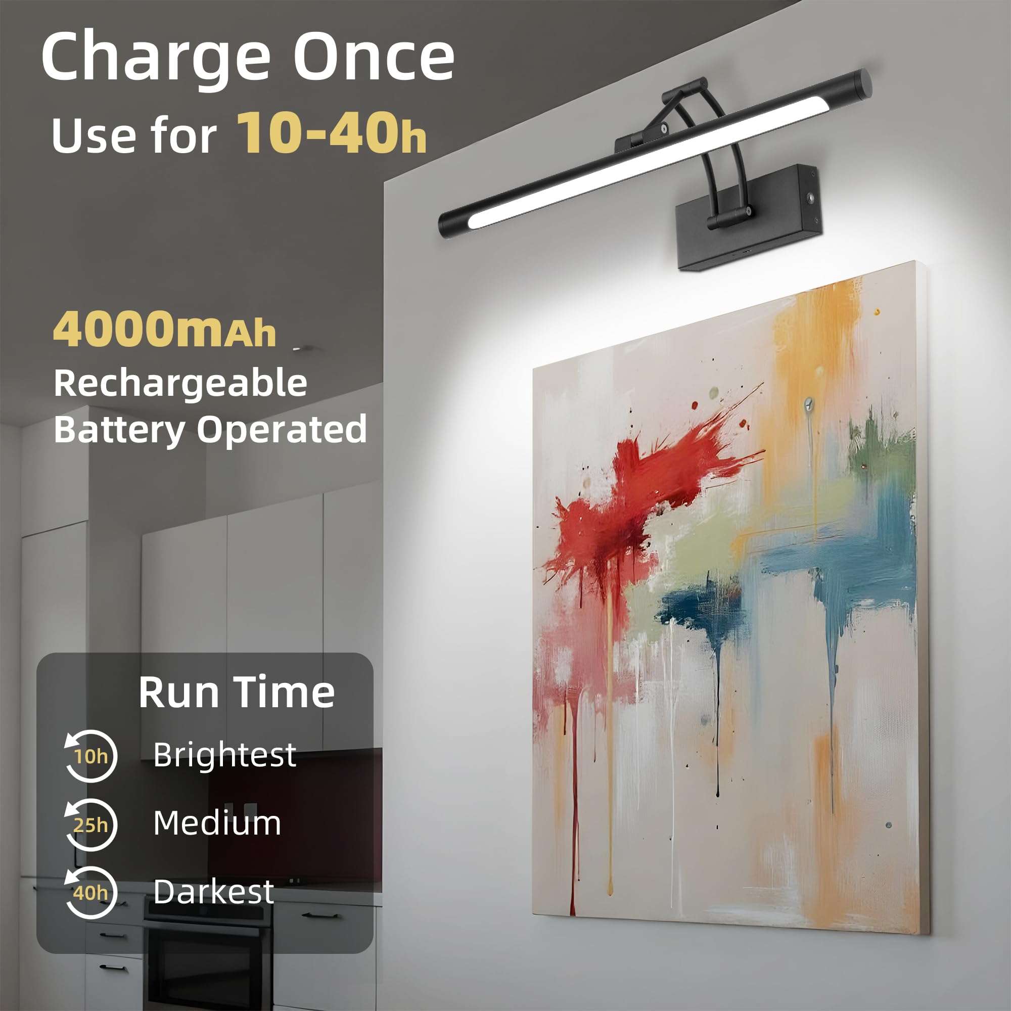 16 Picture Lights For Wall Battery Operated  Wireless Picture Light With Remote  Rechargeable Wall Light 3000K/4000K/6000K Dimmable  Art Lighting For discomfort-reducingtings Frame Gallery Dartboard Light  Black
