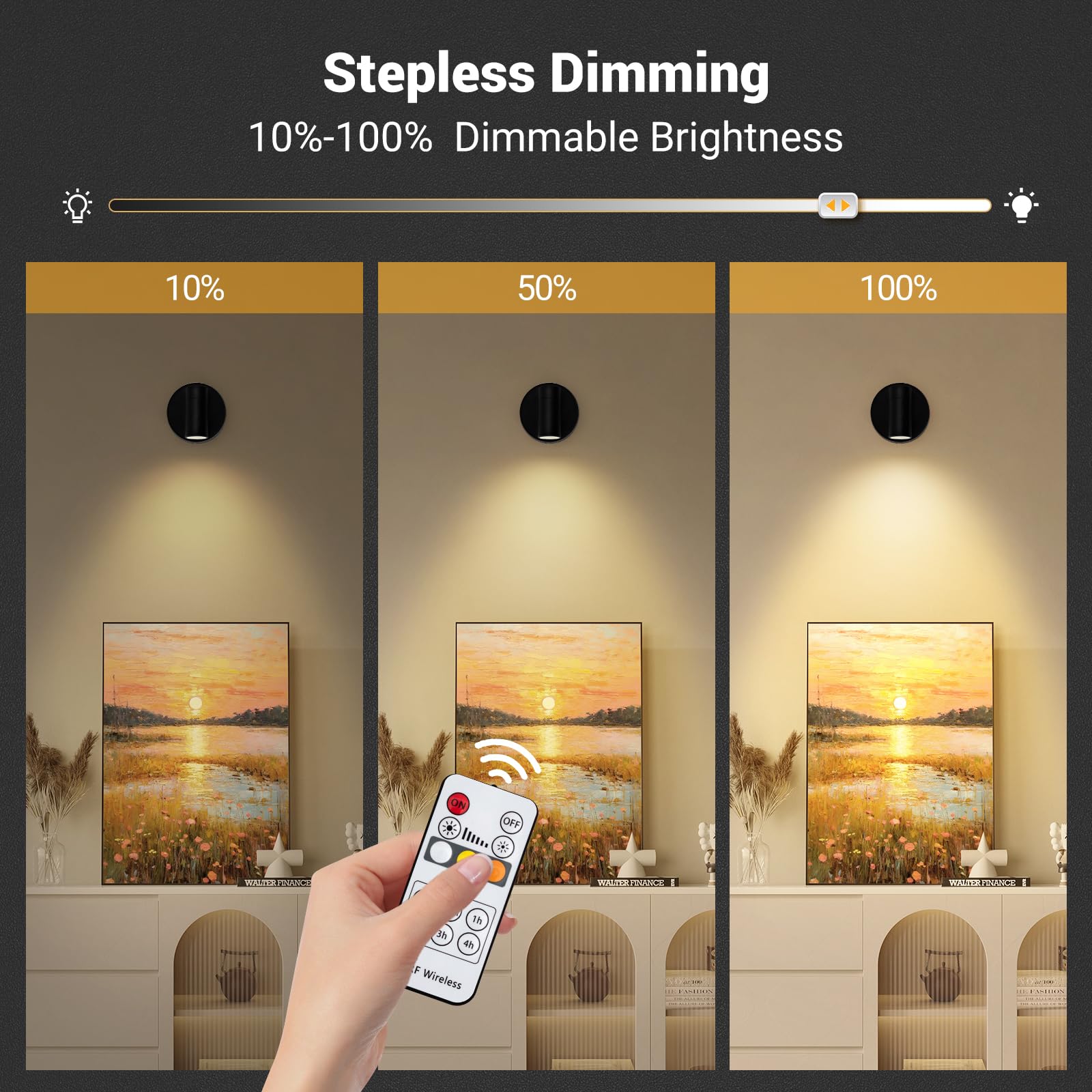 Oteedo Wireless Spotlights Indoor With Remote Up Lights Indoor Picture Light Battery Operated Spot Lights With 3 Color Dimmable Accent Uplighting Indoor Stick On Wall Light For Plant Artwork Black
