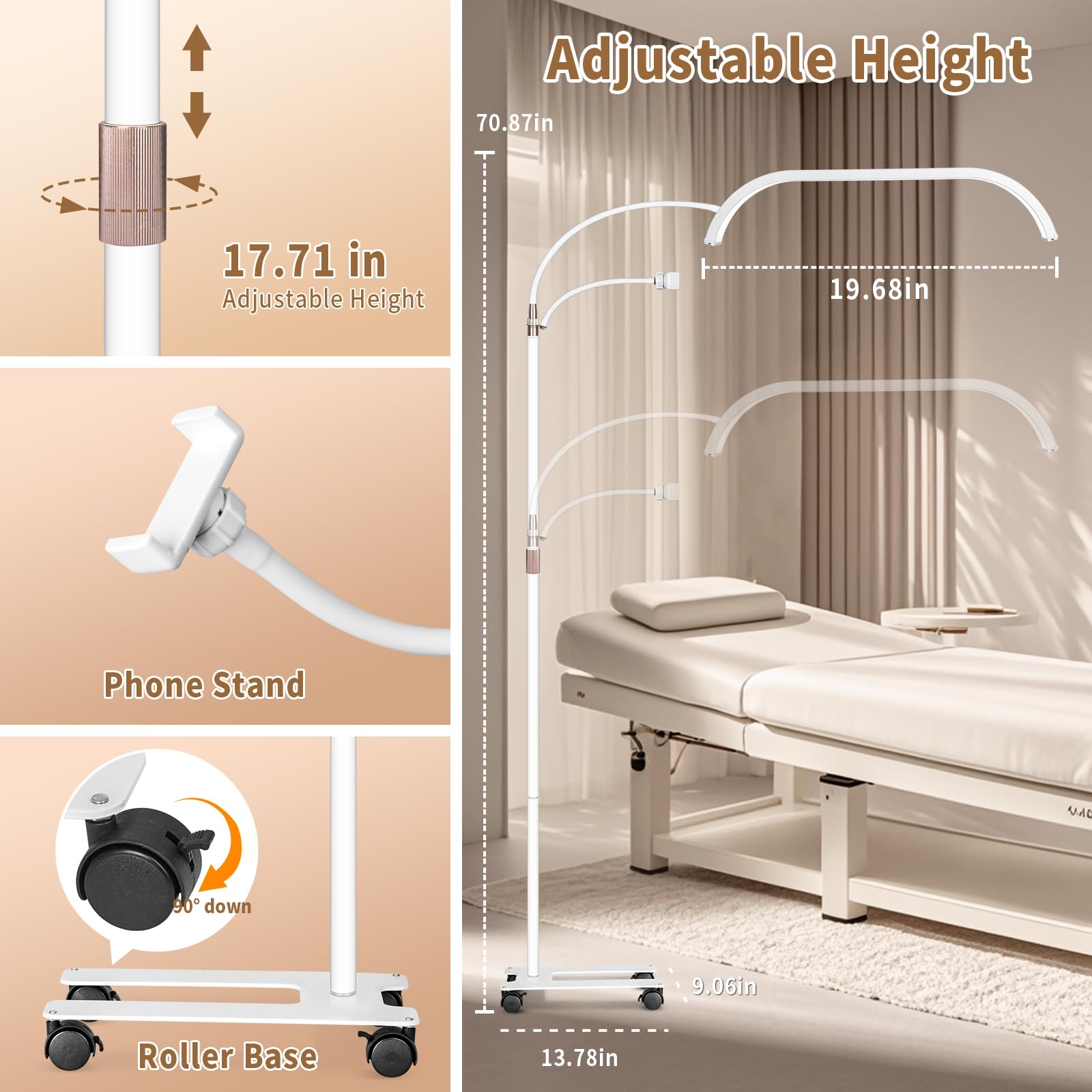 HITTI Large LED Gooseneck Light with Phone Holder, 7 Color Modes, Model HLK-MRD, Gooseneck White